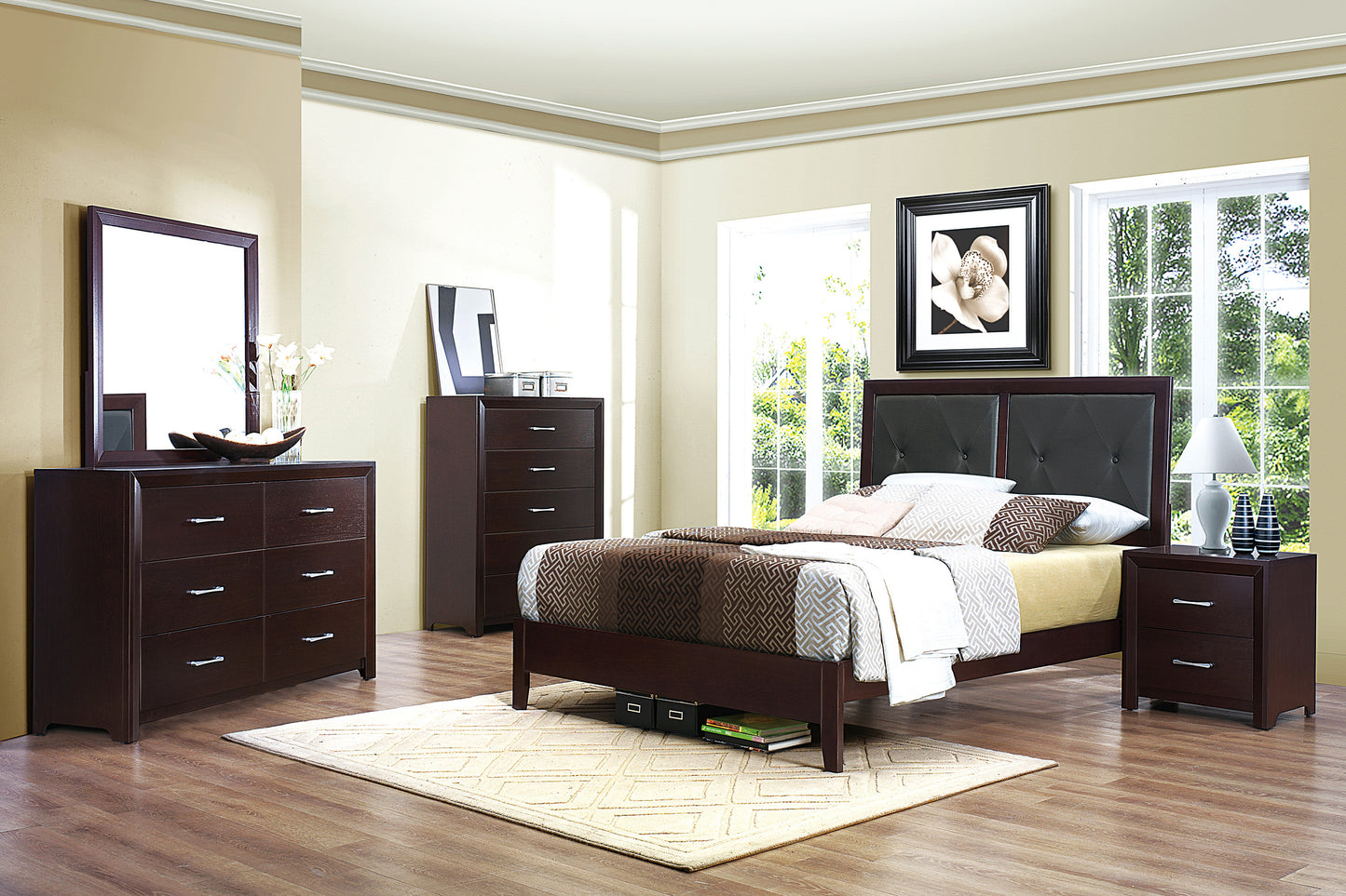 Dark wood queen bed with tufted headboard and patterned bedding