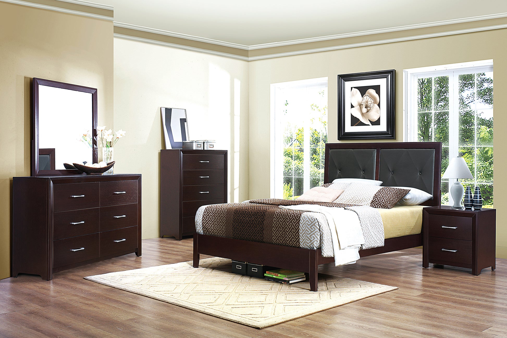 Dark wood queen bed with tufted headboard and patterned bedding
