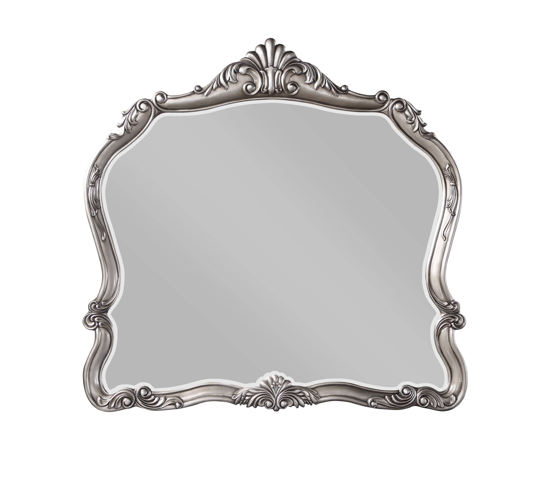 Antique ornate silver wall mirror with rococoinspired frame