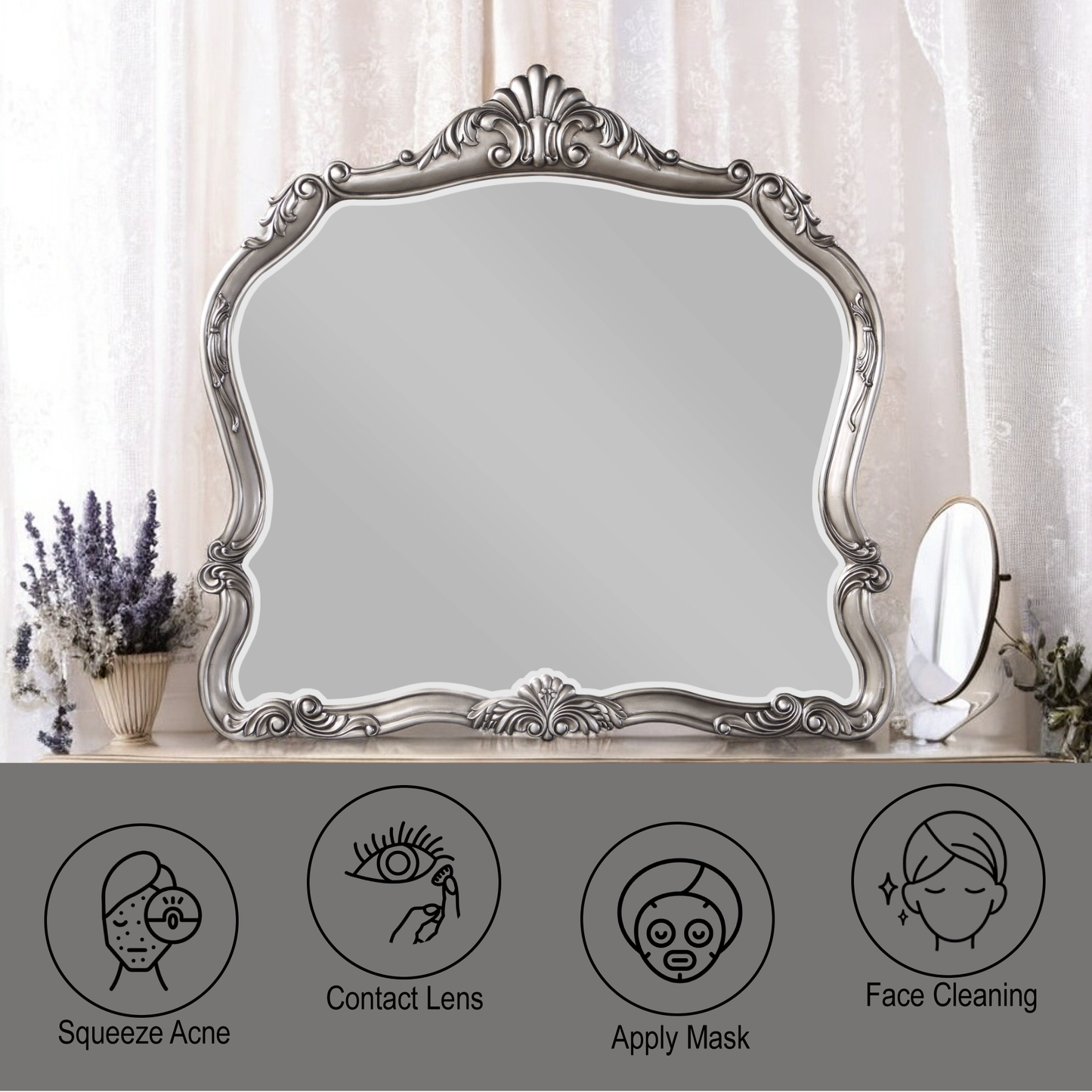 Antique silver ornate mirror for vanity table  characters