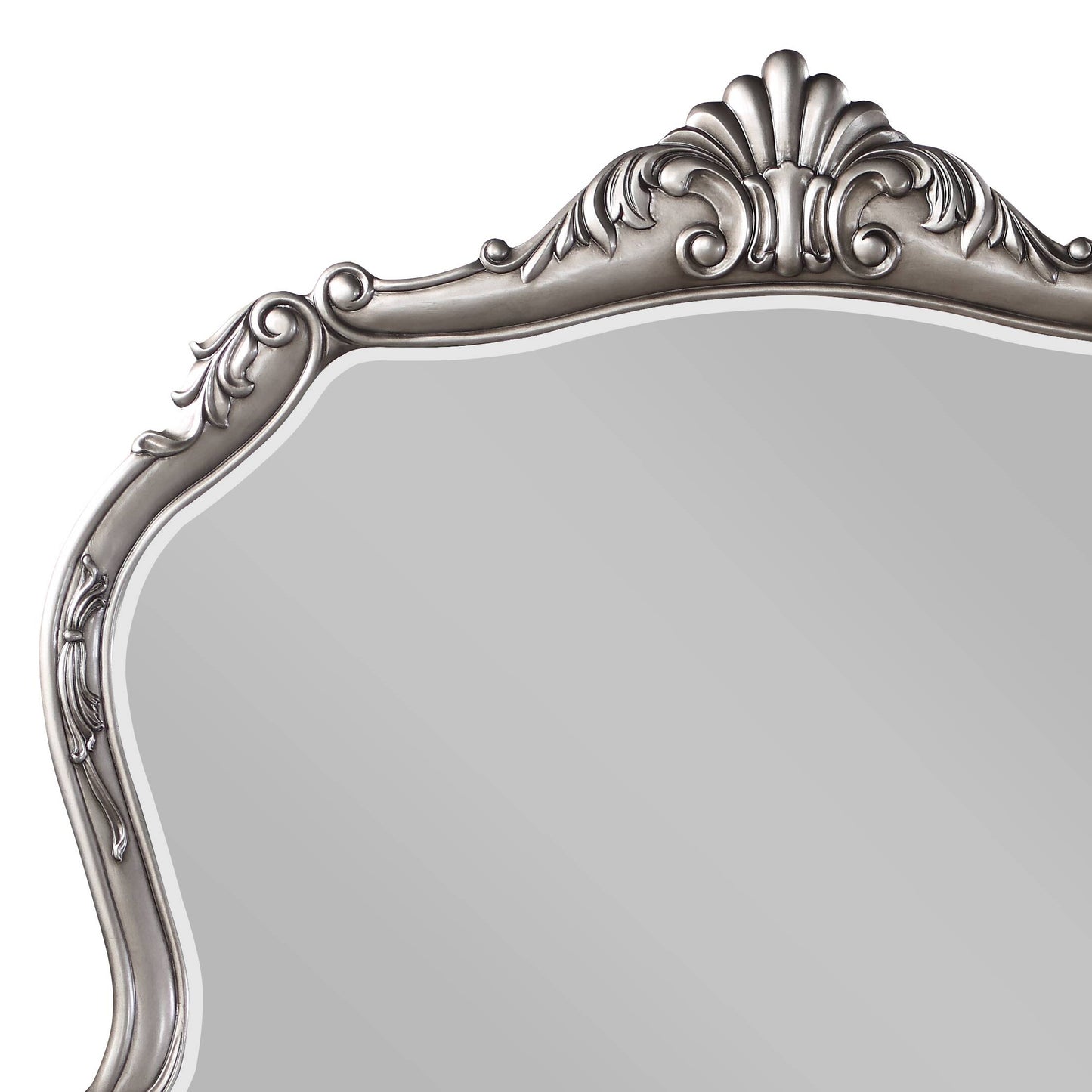 Ornate silver baroque mirror with decorative scrolling details