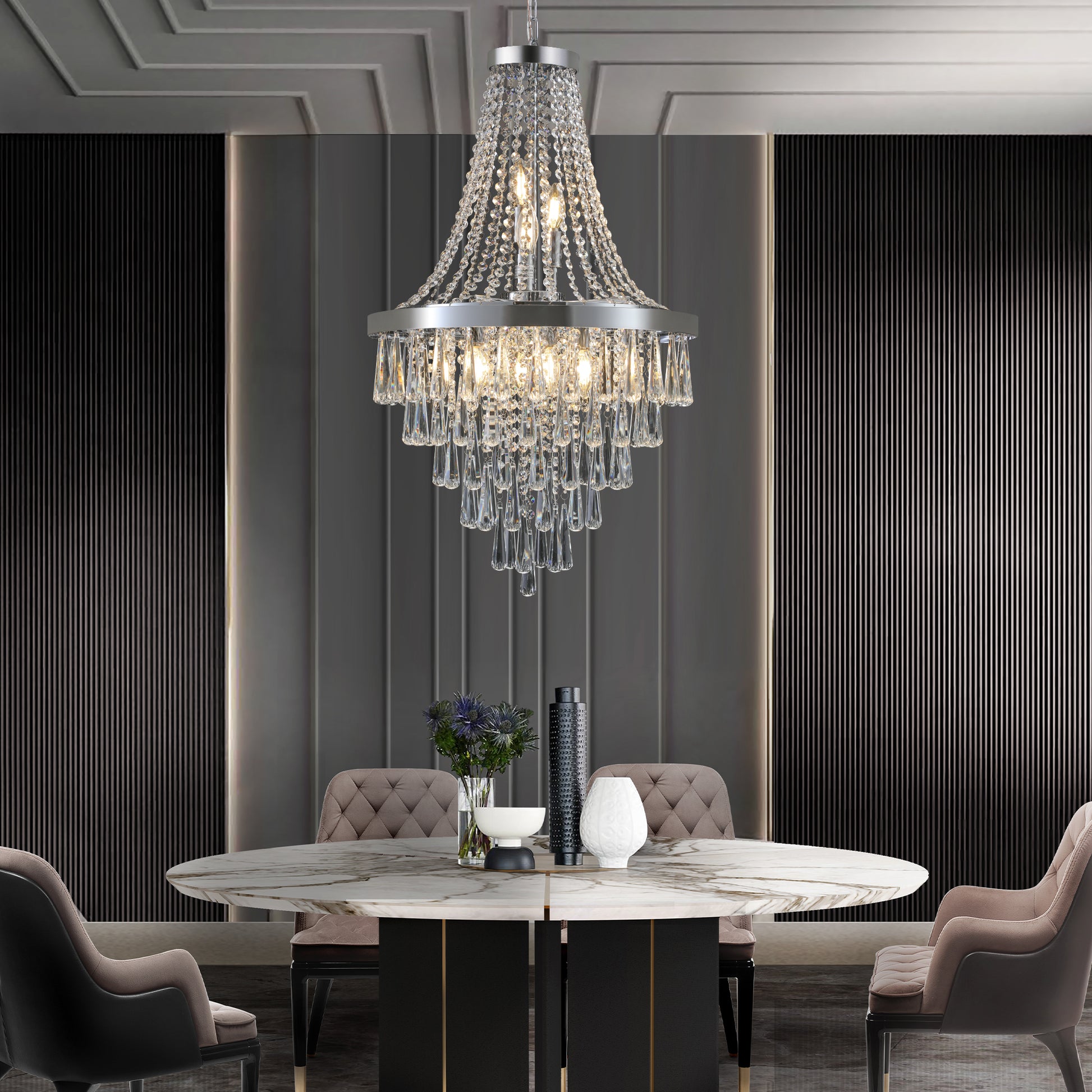 Elegant crystal chandelier with cascading teardrop pendants perfect for dining rooms
