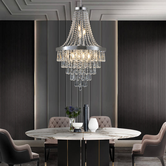 Elegant crystal chandelier with cascading teardrop pendants perfect for dining rooms