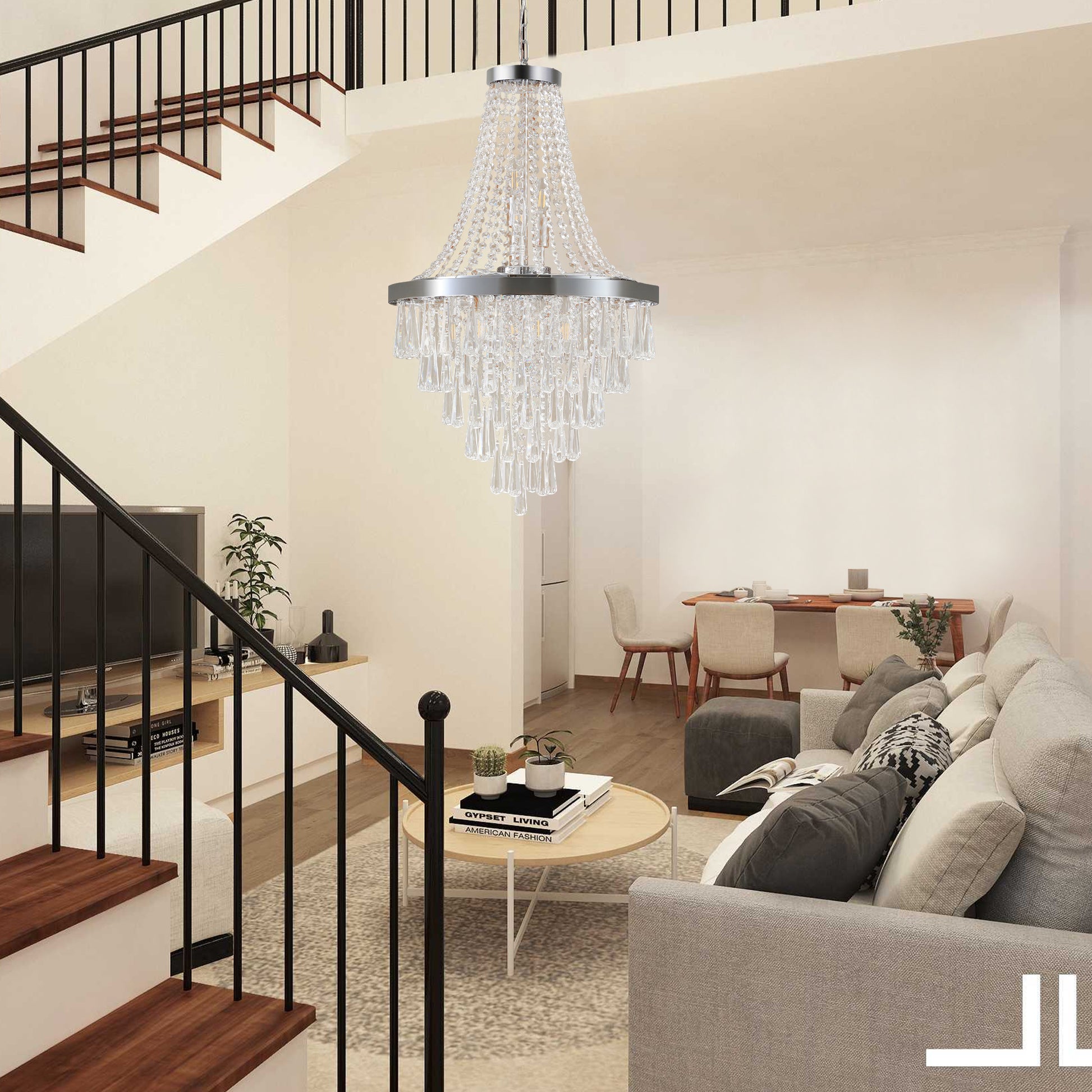 Crystal beaded chandelier with brushed nickel finish and teardrop accents