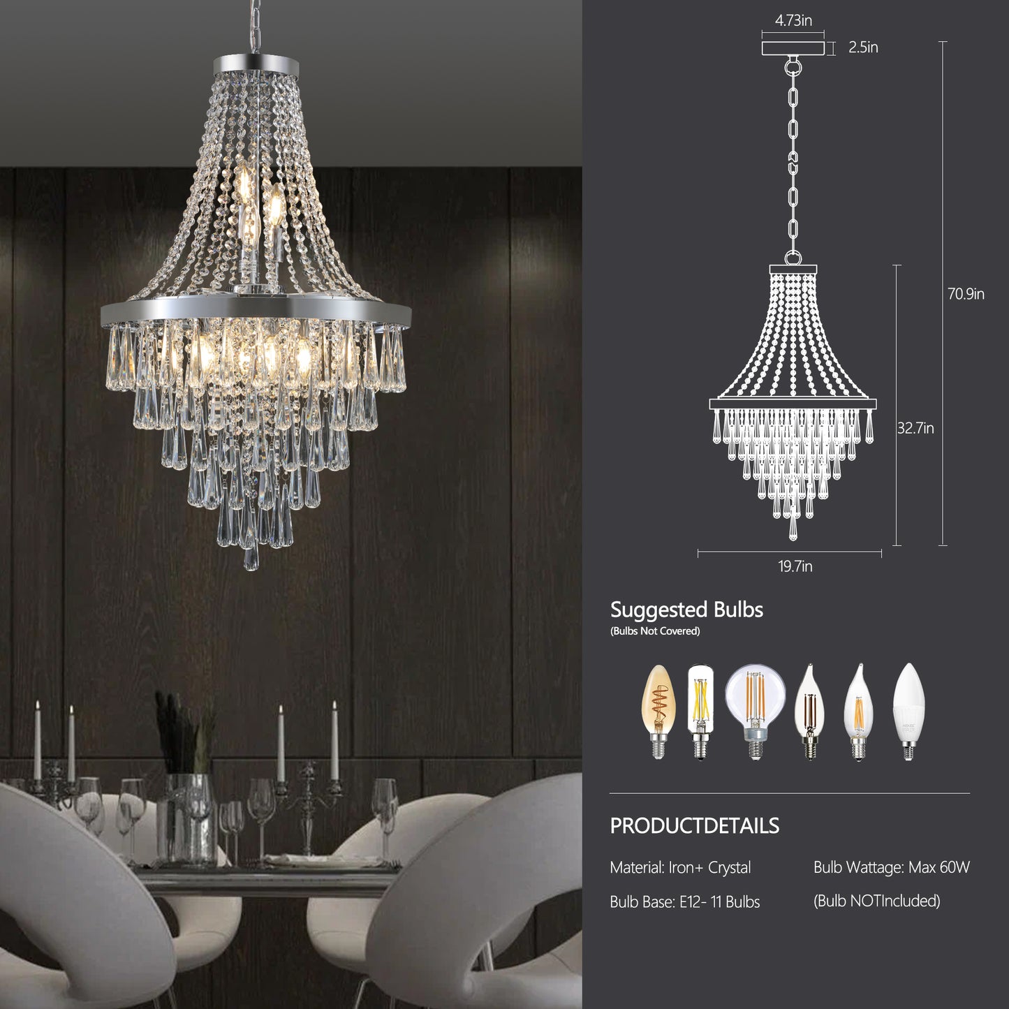 Elegant crystal chandelier with tiered drop accents silver finish and  E bulb bases