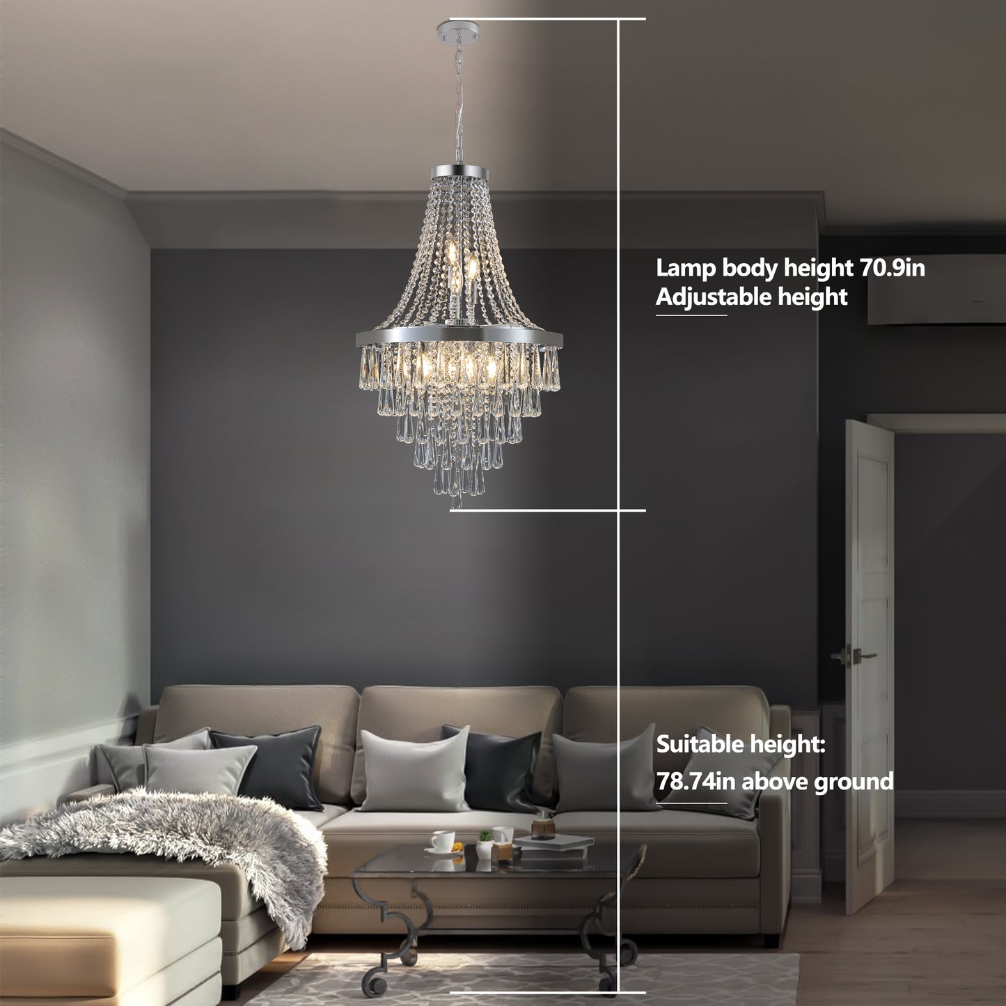 Elegant tiered crystal chandelier with silver finish and adjustable height