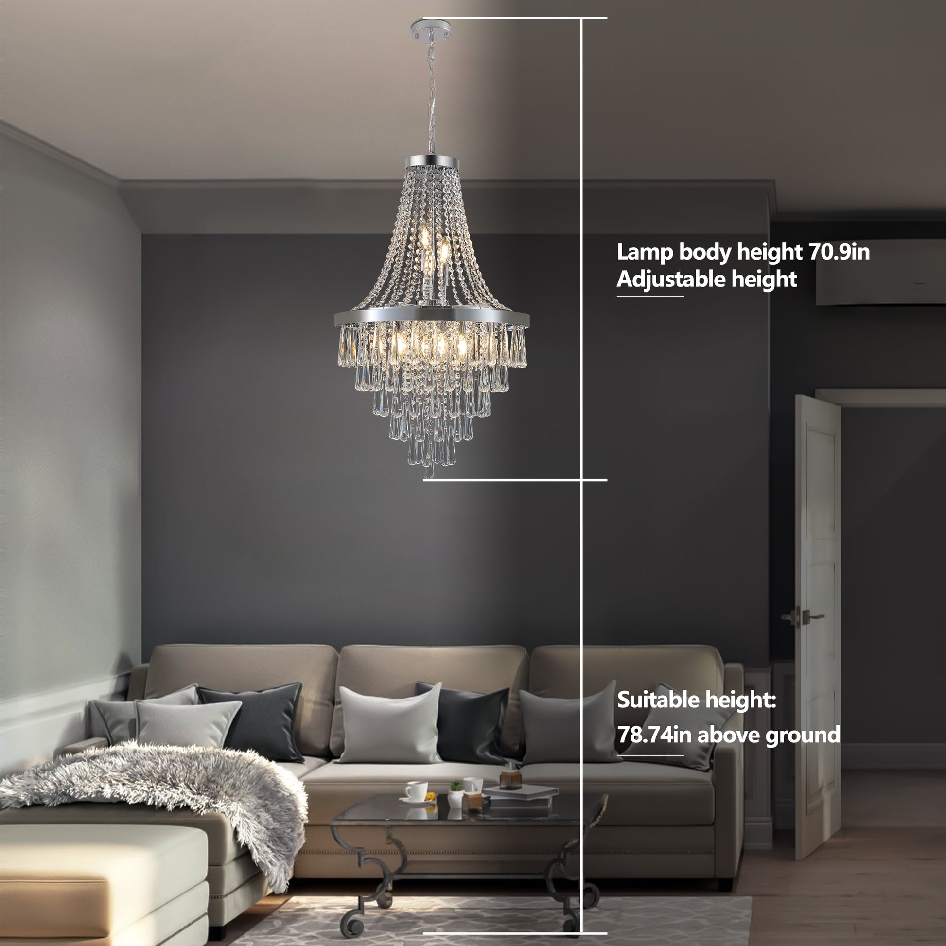 Elegant tiered crystal chandelier with silver finish and adjustable height