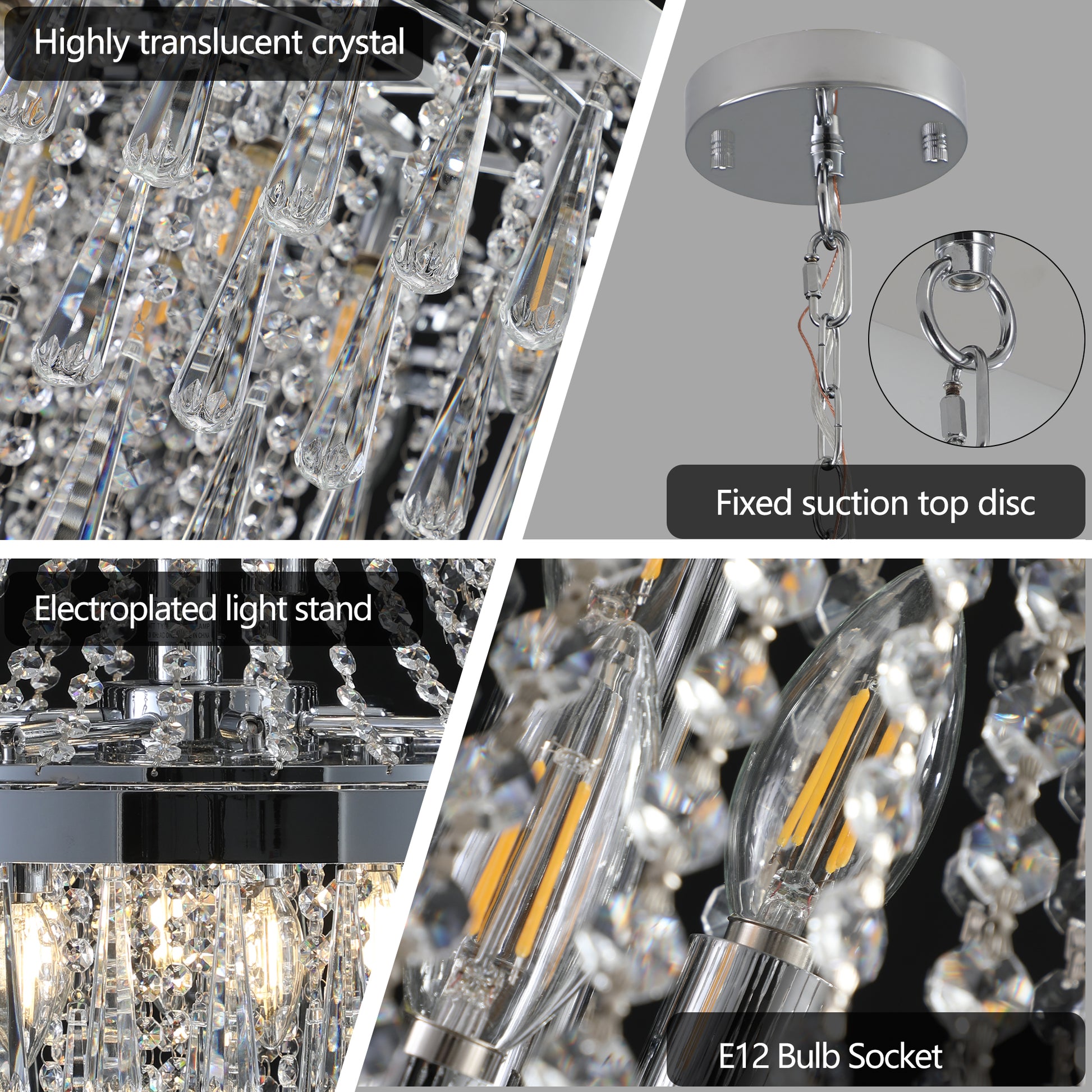 Closeup of a crystal chandelier with teardrop prisms and faceted gems
