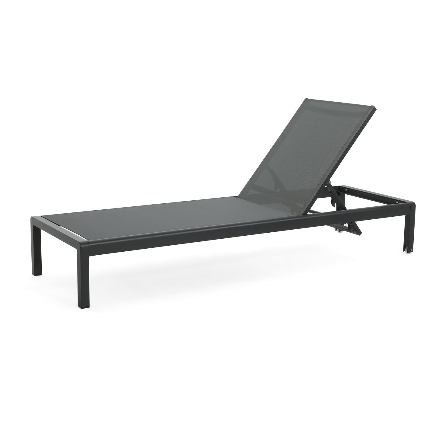 Modern grey mesh chaise lounge with adjustable back perfect for outdoor relaxation