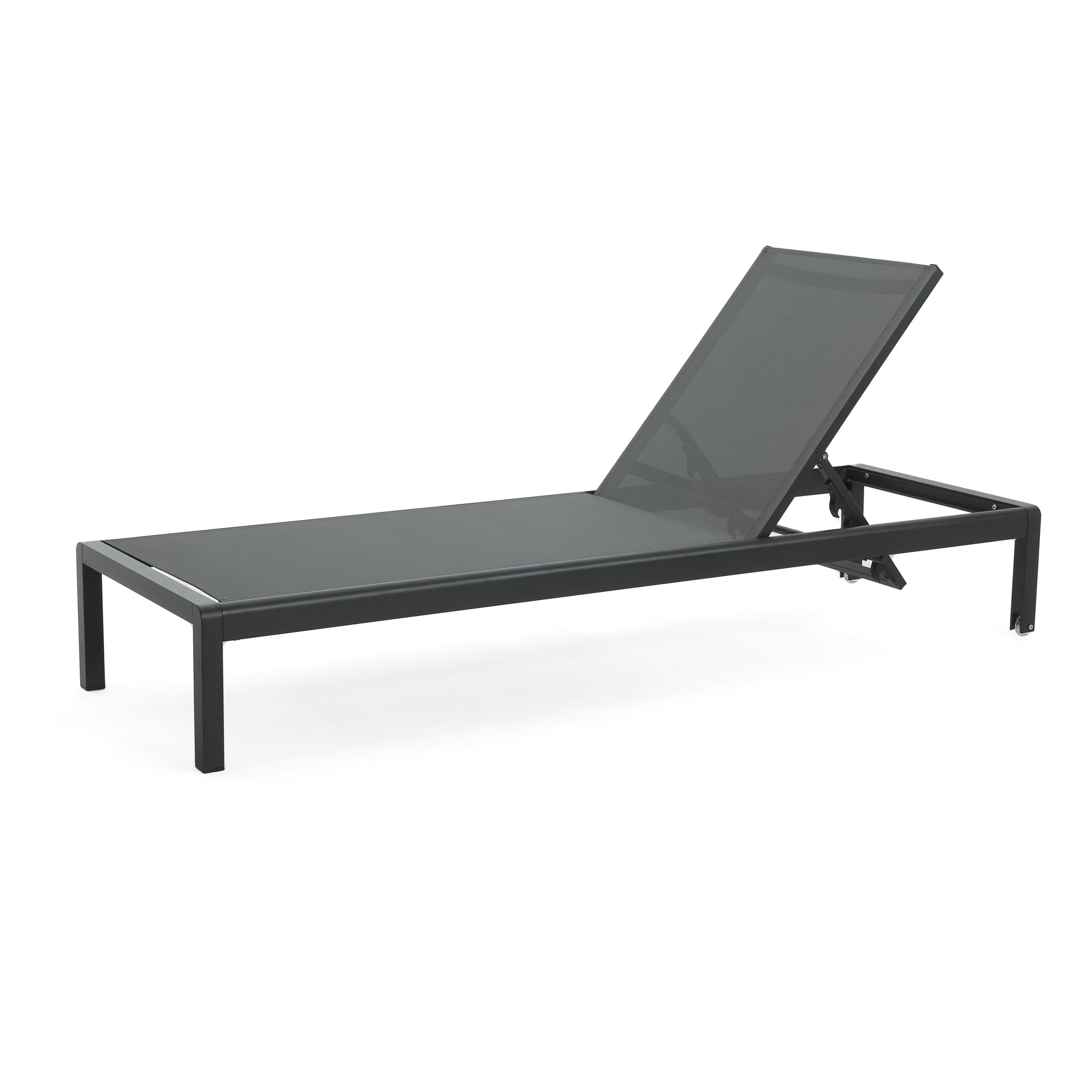 Modern grey mesh chaise lounge with adjustable back perfect for outdoor relaxation
