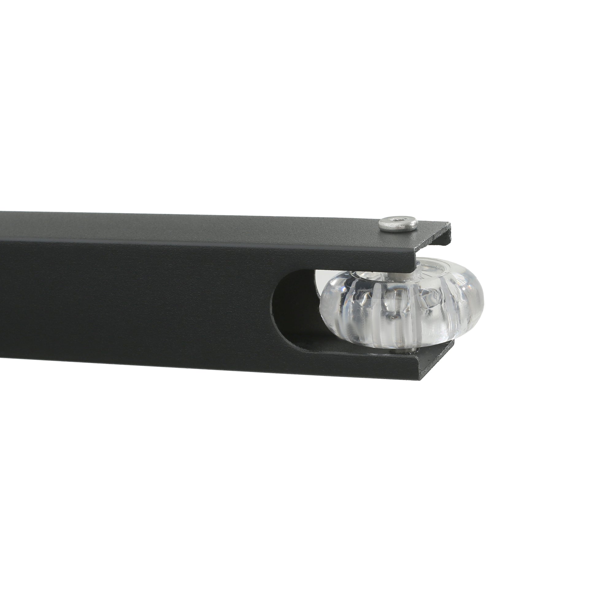 Black metal bracket with clear ribbed acrylic roller wheel for smooth operation
