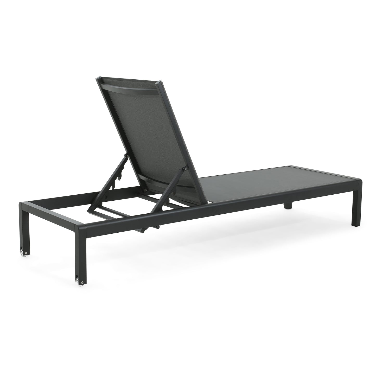 Charcoal grey aluminum chaise lounge with adjustable back and wheels for patio use
