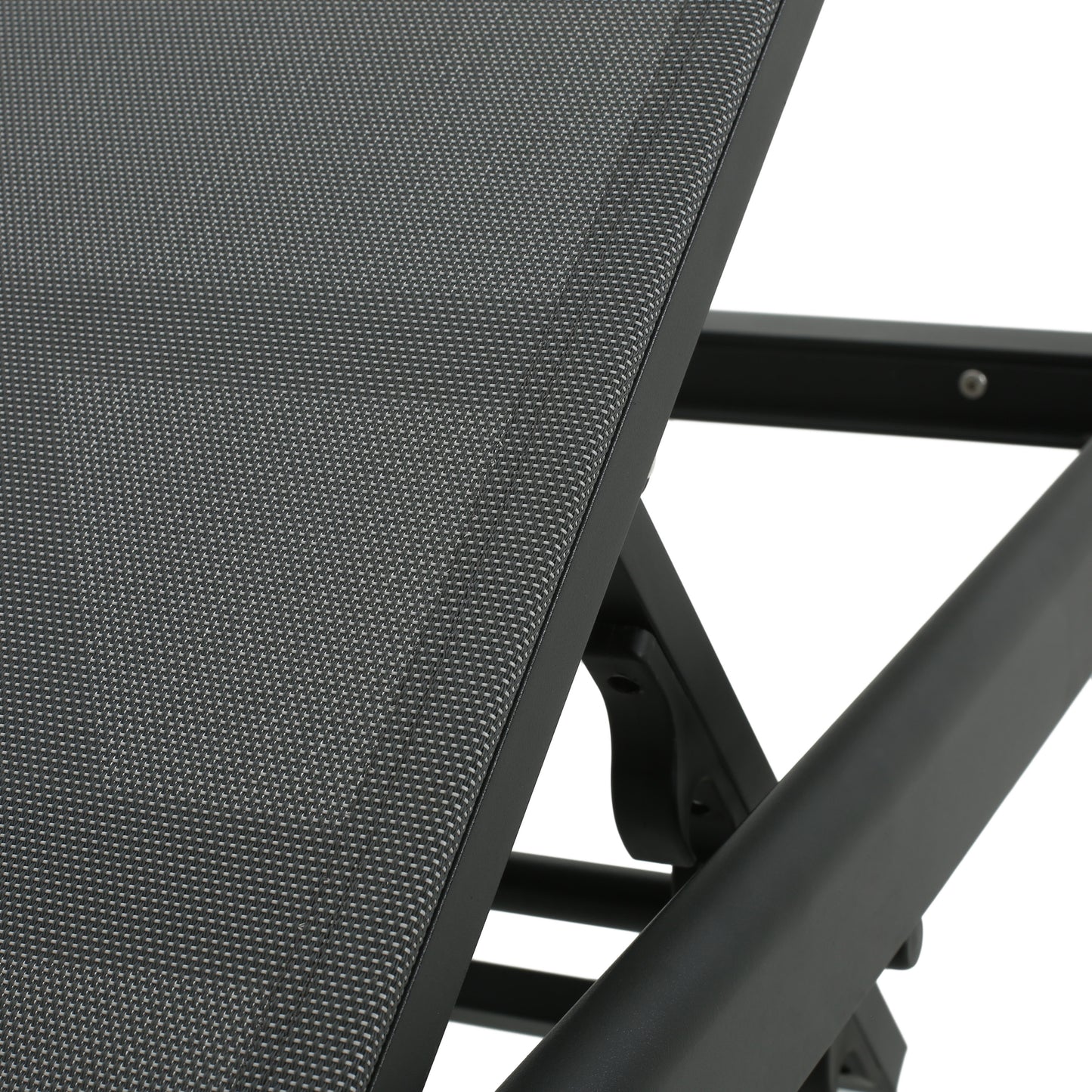 Gray fabric sling seat detail on a black metal folding chair frame