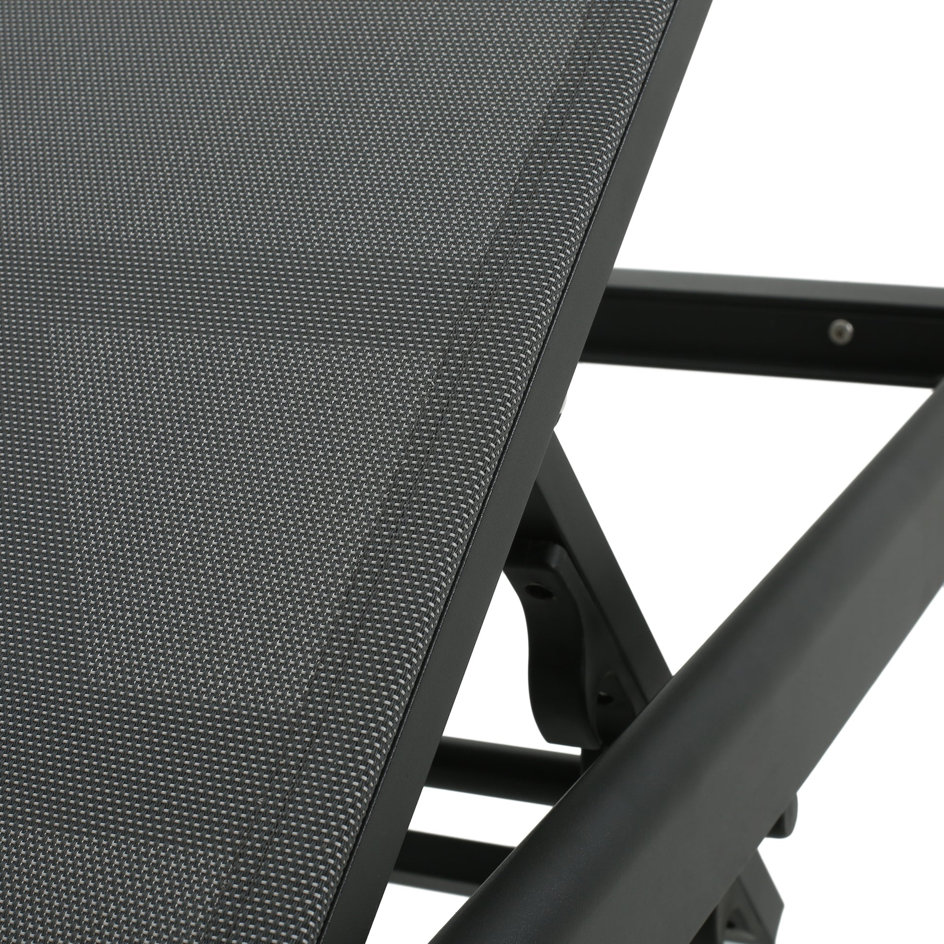 Gray fabric sling seat detail on a black metal folding chair frame