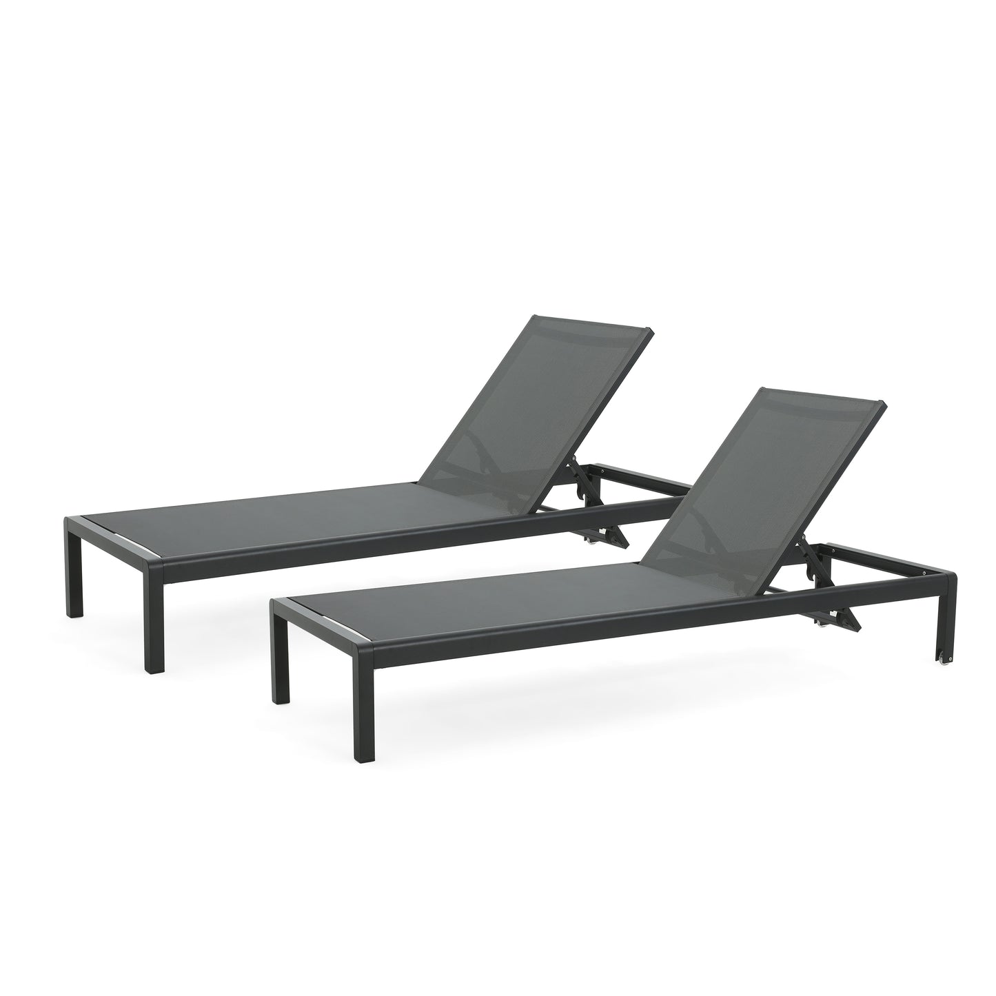 Two dark grey mesh and metal adjustable chaise lounge chairs for poolside relaxation