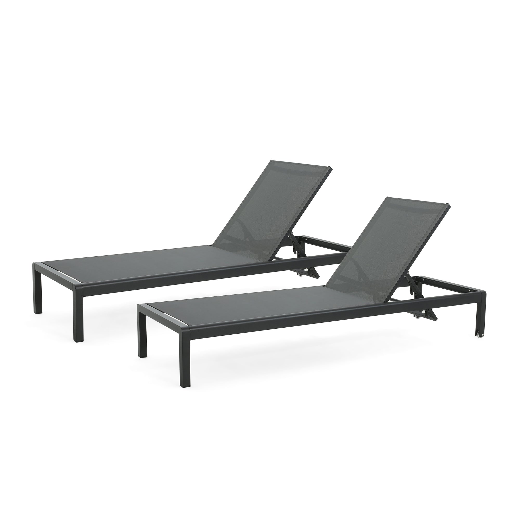 Two dark grey mesh and metal adjustable chaise lounge chairs for poolside relaxation