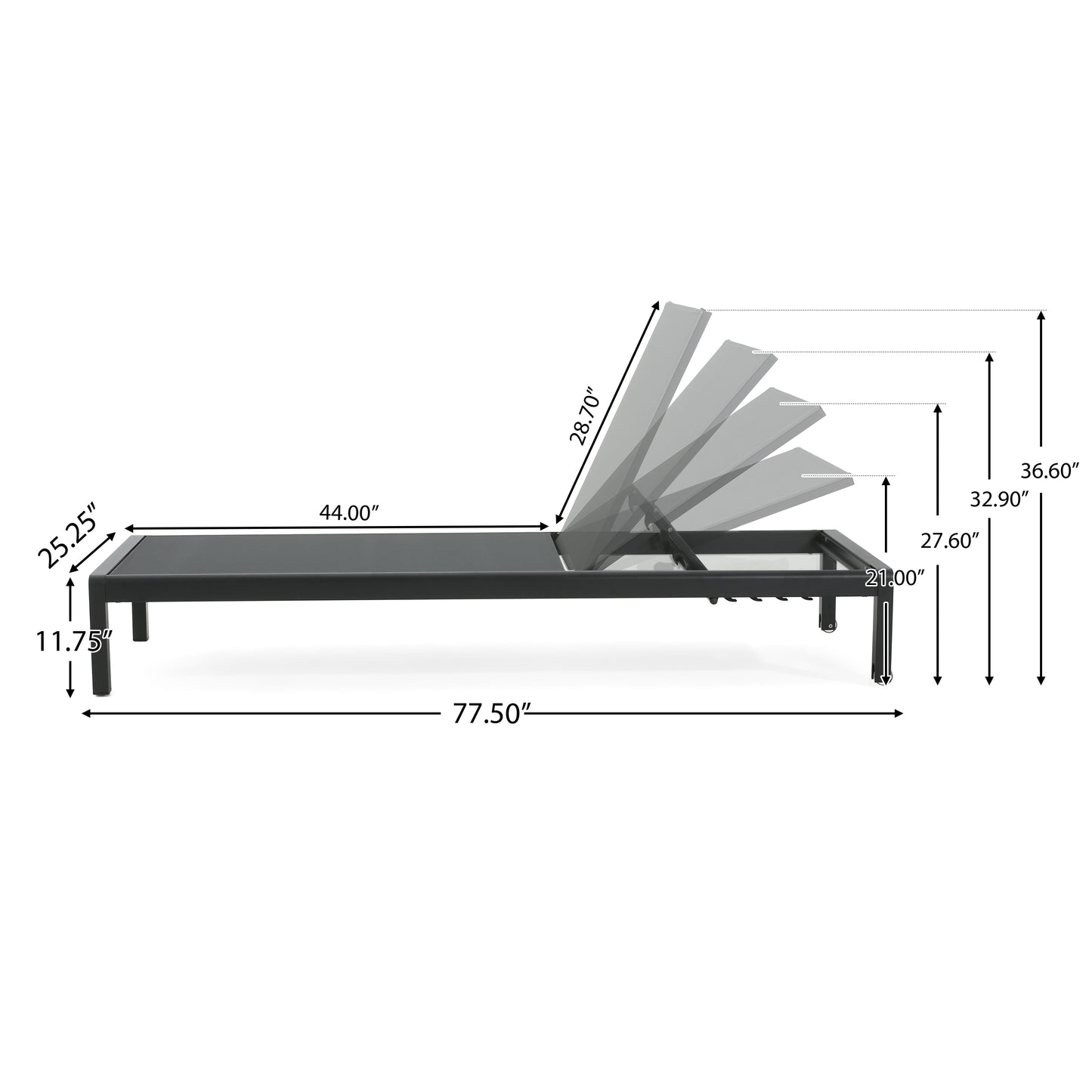 Gray adjustable patio chaise lounge with aluminum frame and dimensions labeled
