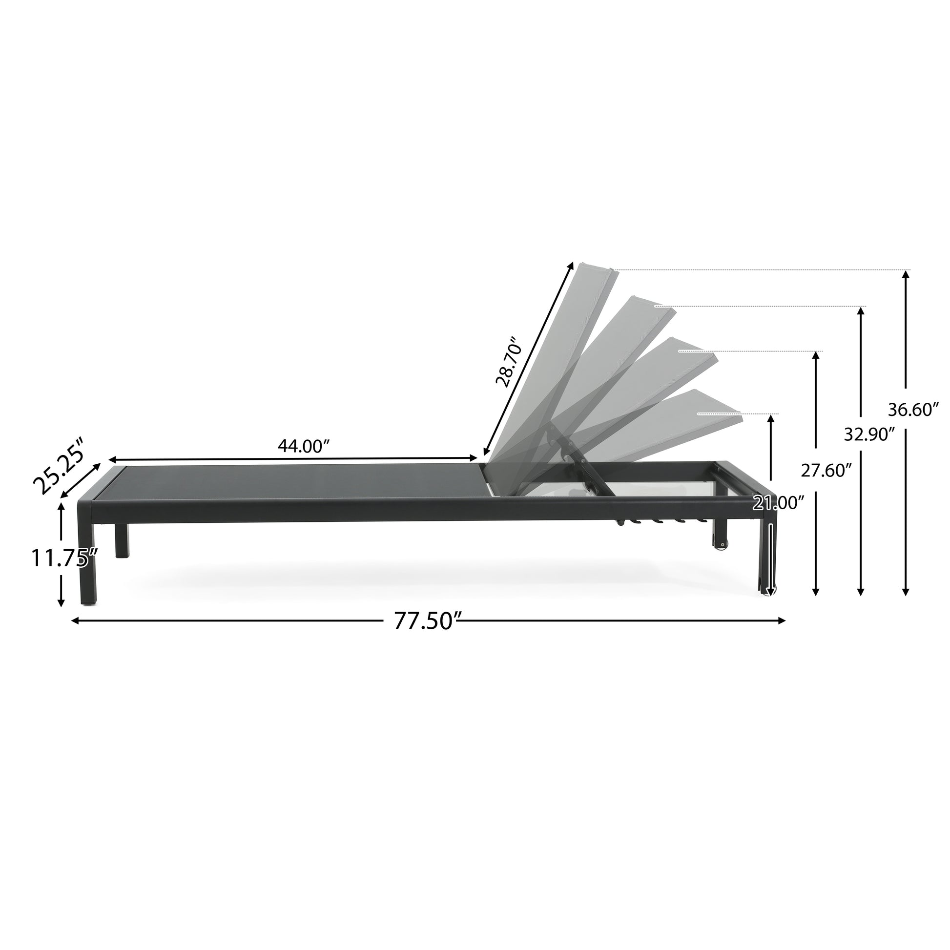 Gray adjustable patio chaise lounge with aluminum frame and dimensions labeled