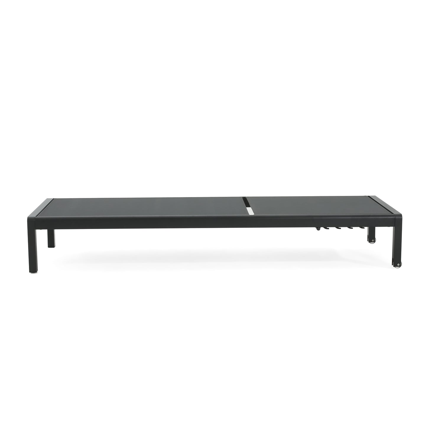 Dark gray aluminum chaise lounge with adjustable back and wheels perfect for poolside relaxation