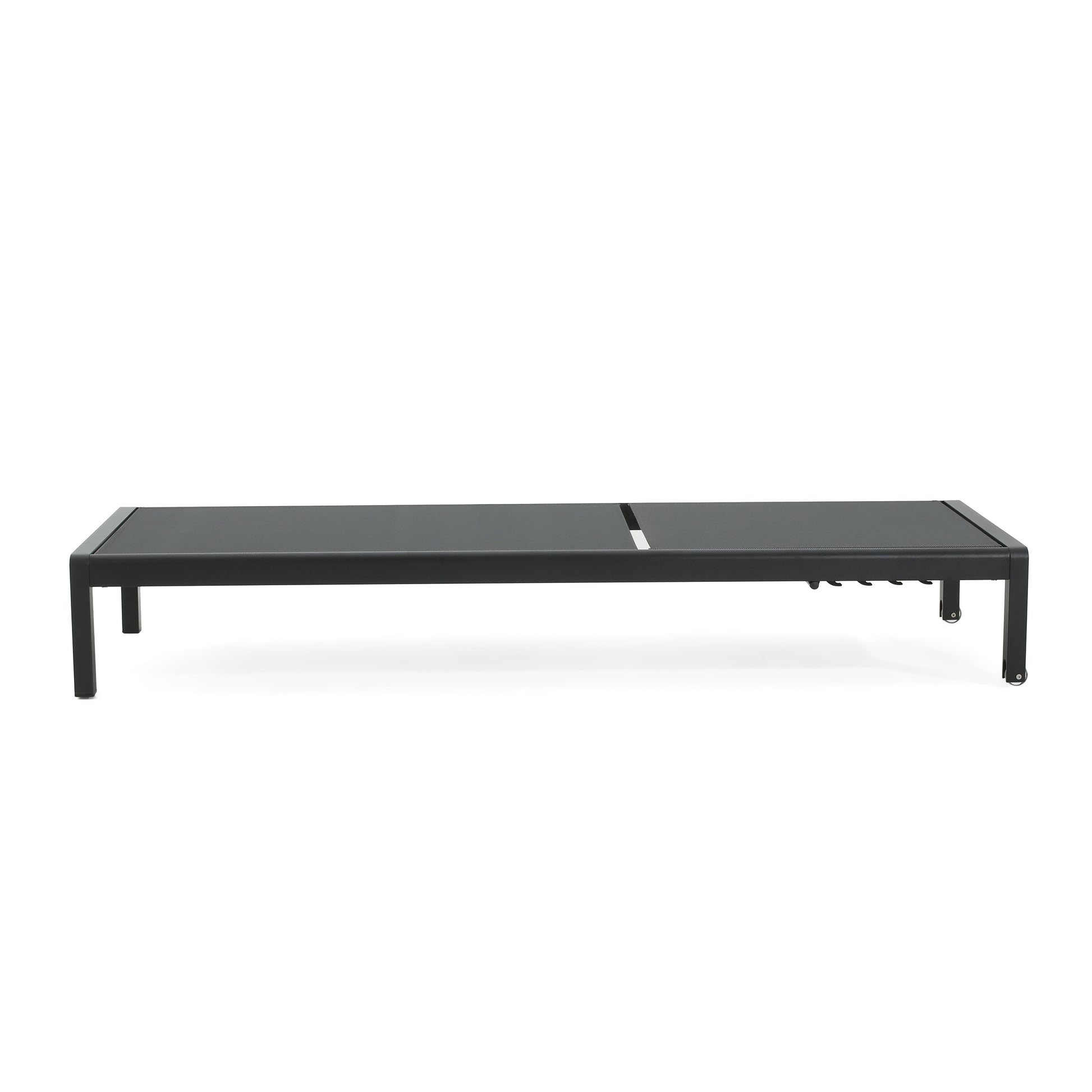 Dark gray aluminum chaise lounge with adjustable back and wheels perfect for poolside relaxation