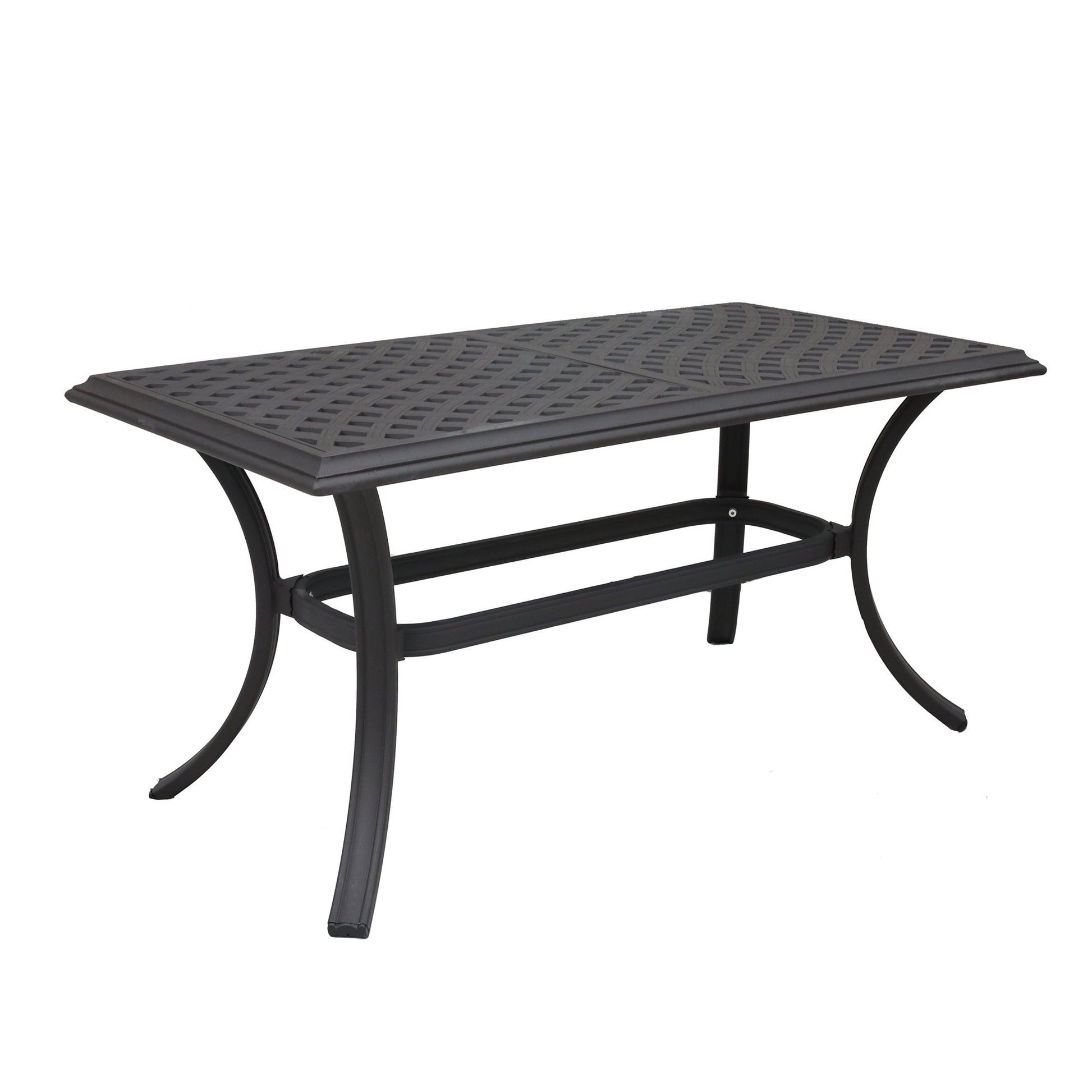 Ornate dark bronze aluminum patio dining table with intricate lattice design