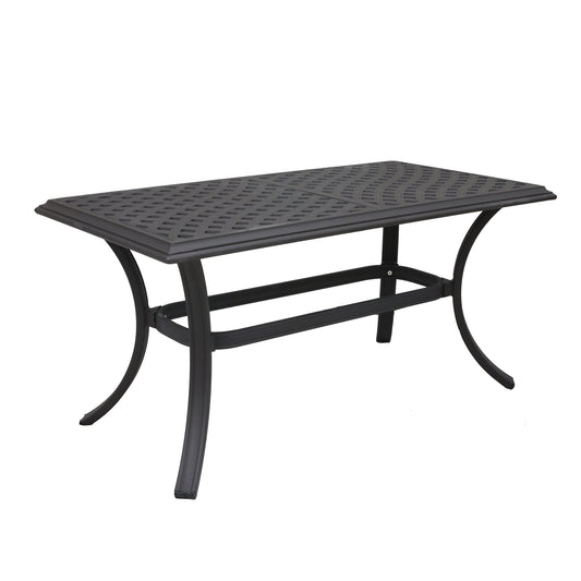 Ornate dark bronze aluminum patio dining table with intricate lattice design