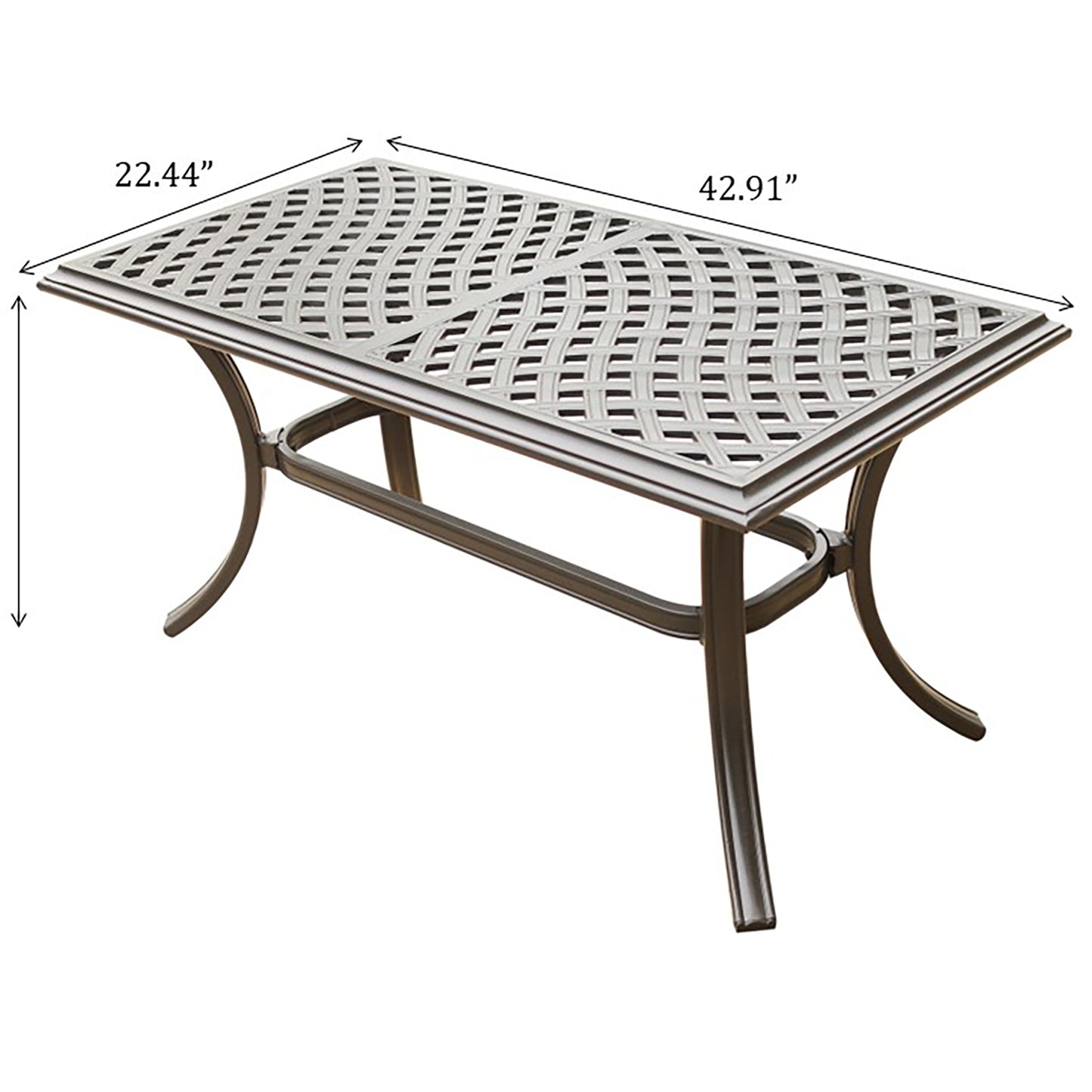 Bronze metal patio coffee table with woven pattern top and curved legs