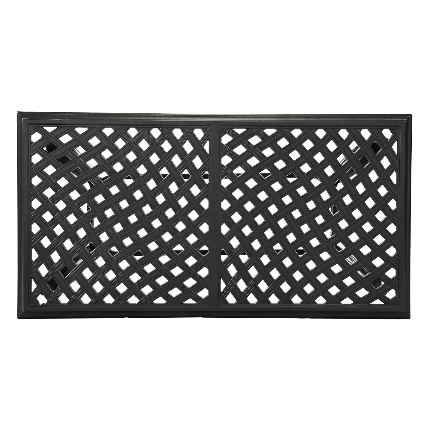 Rectangular black metal table top with ornate lattice design ideal for outdoor patios