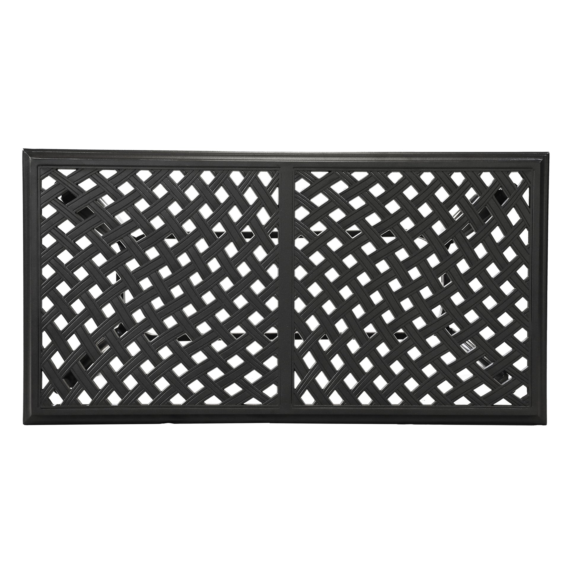 Rectangular black metal table top with ornate lattice design ideal for outdoor patios