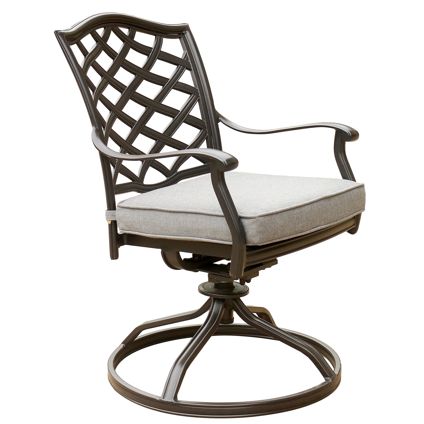 Dark bronze metal patio chair with diamond pattern back and gray cushion swivel base