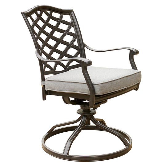 Dark bronze metal patio chair with diamond pattern back and gray cushion swivel base