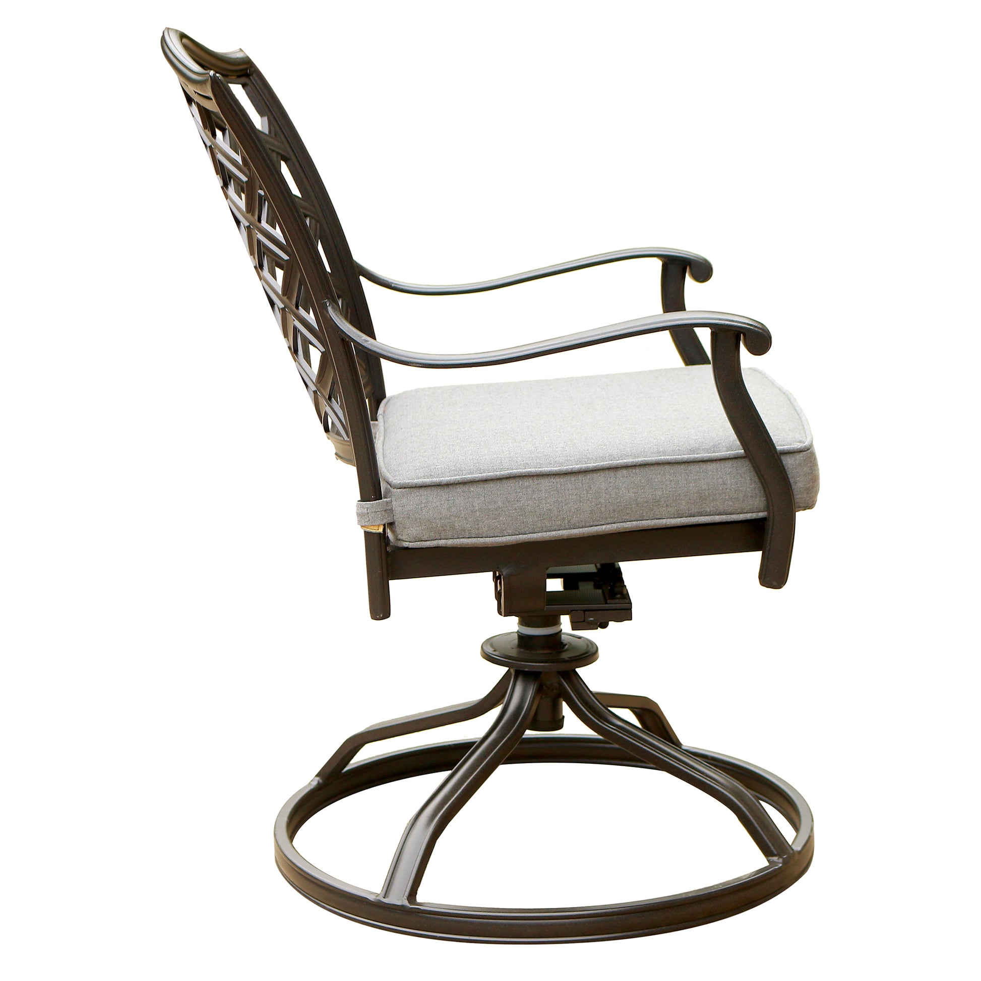 Dark bronze metal swivel patio chair with light grey cushion and intricate back design