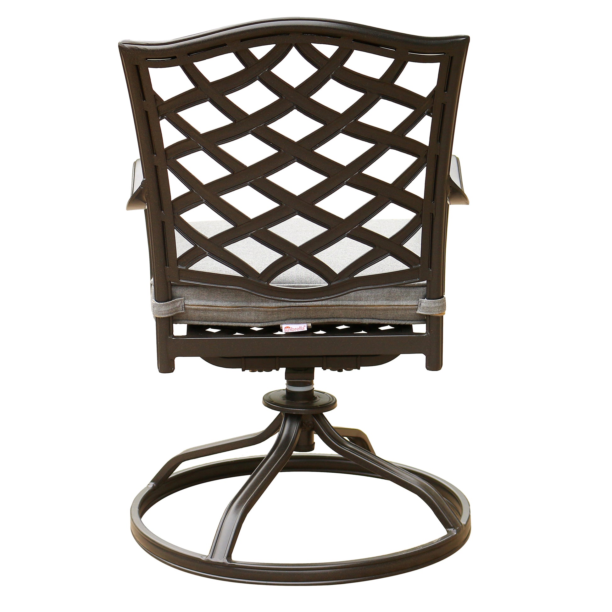 Dark brown cast aluminum swivel patio chair with diamond lattice back and gray cushion