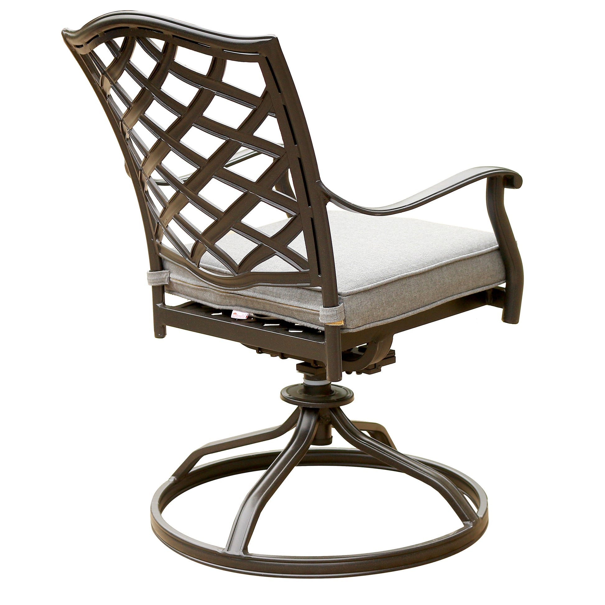 Dark bronze metal swivel patio chair with grey cushion lattice back