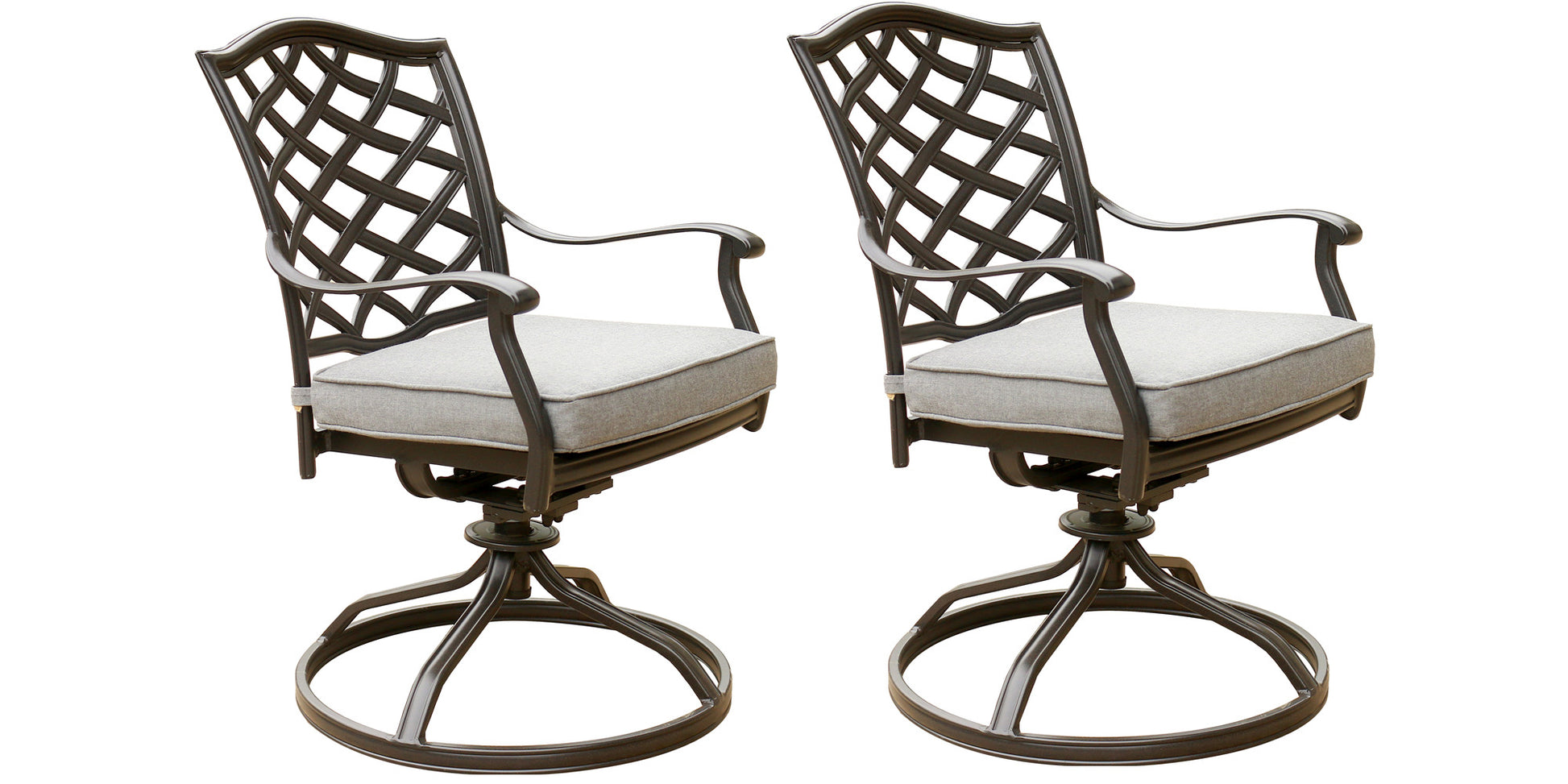 Dark bronze metal swivel patio chairs with grey cushions and lattice backs