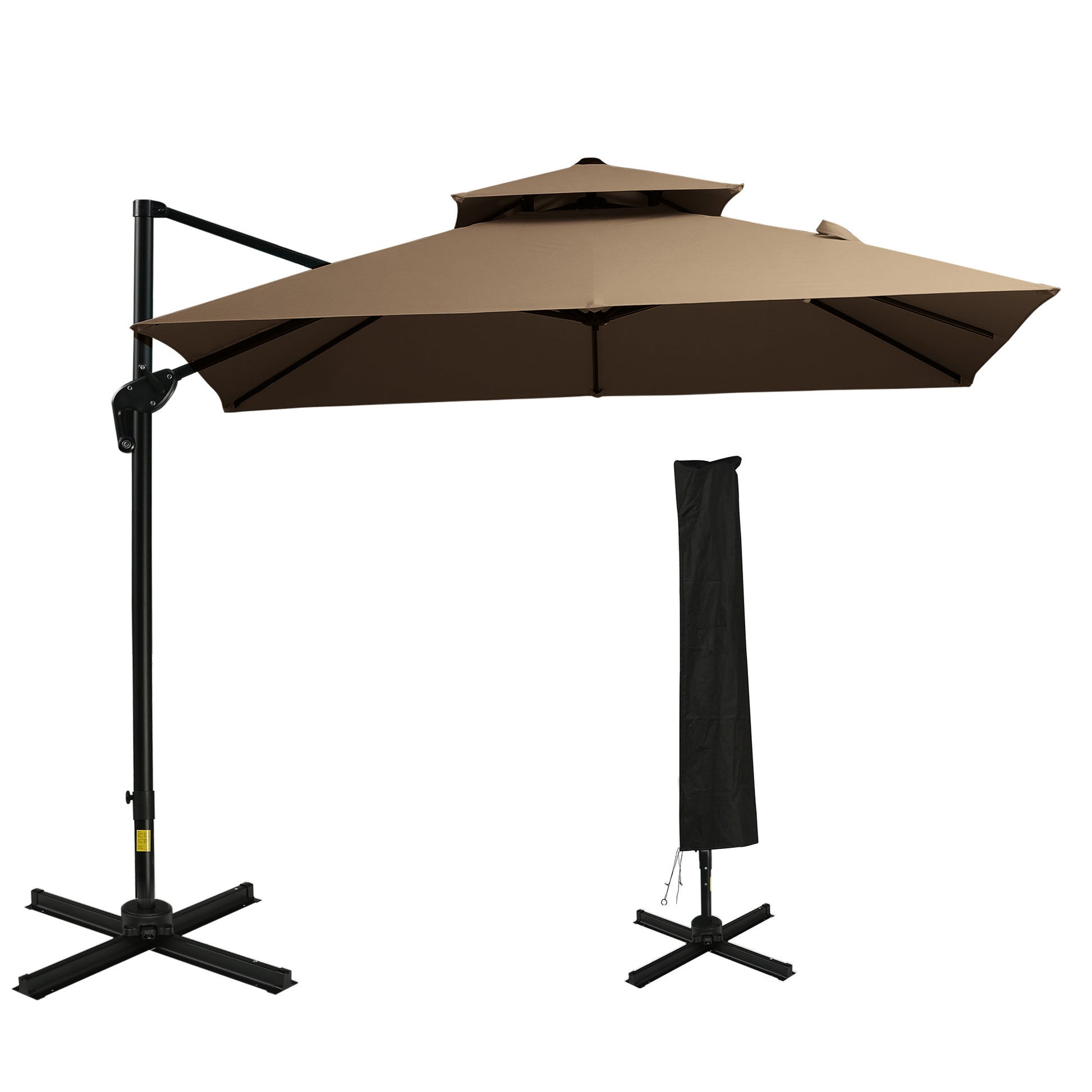 Khaki patio umbrella with dualtier canopy and black offset pole ideal for outdoor shade