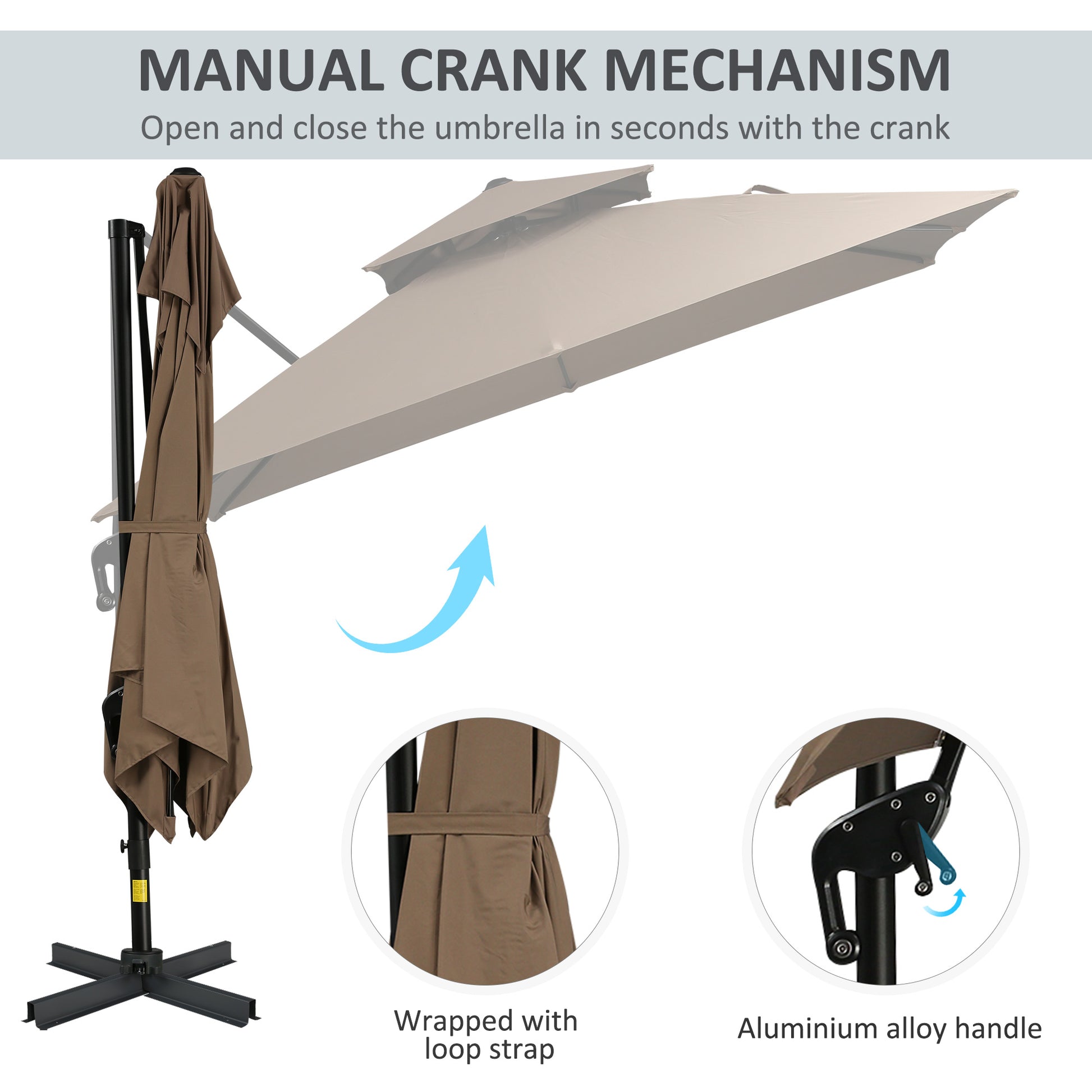 Brown patio umbrella with manual crank mechanism and aluminum alloy handle