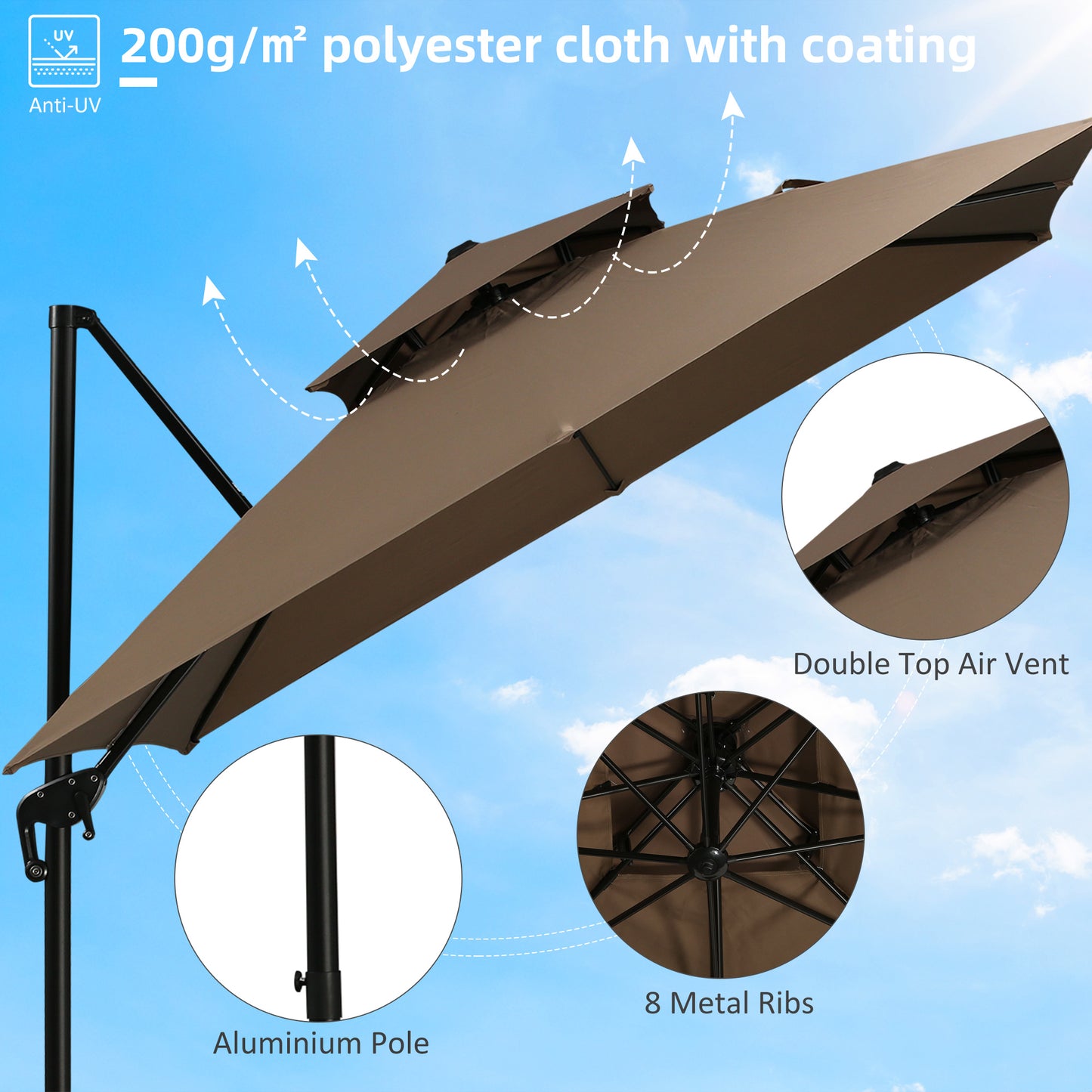 Brown cantilever patio umbrella with double top air vent and aluminum pole
