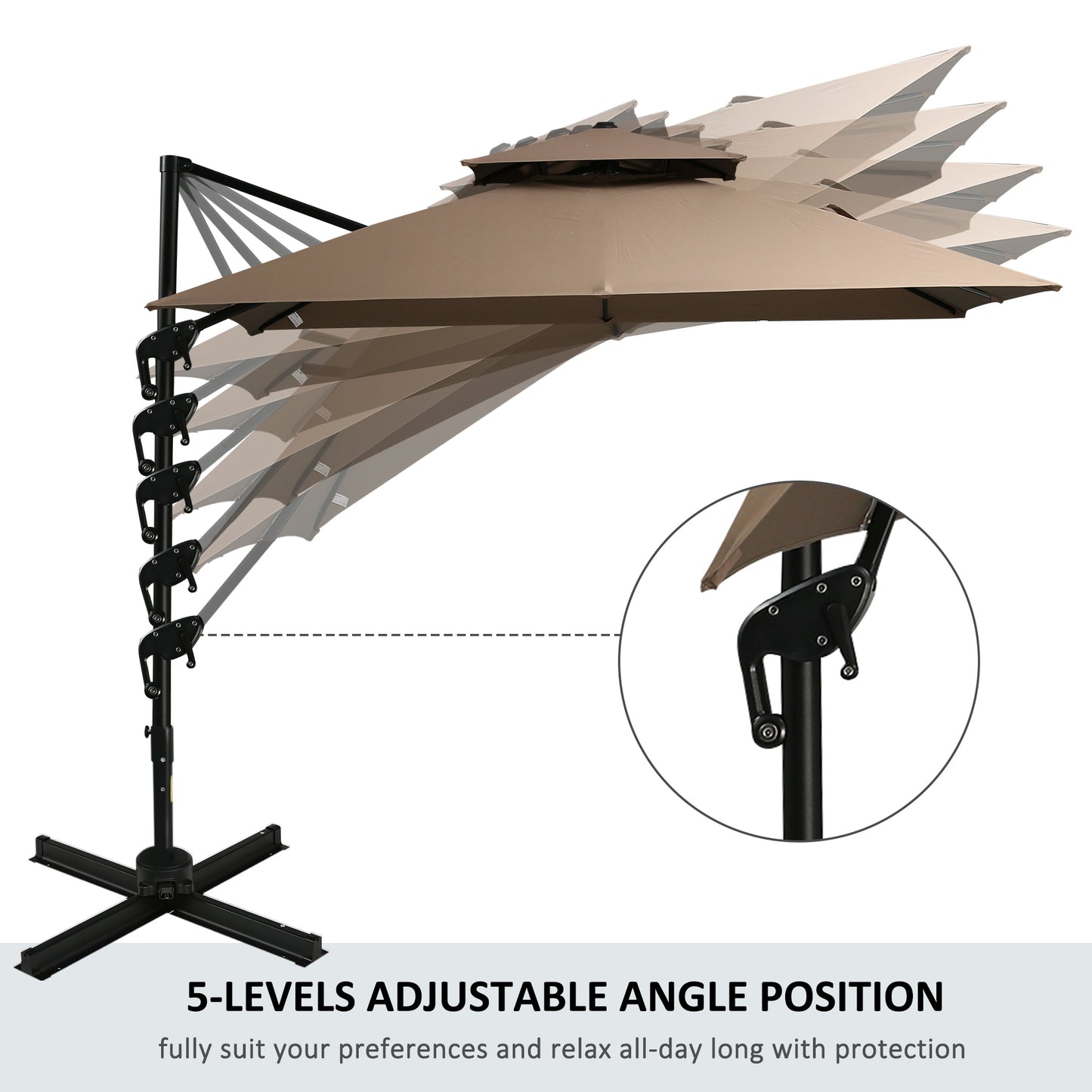 Taupe cantilever patio umbrella with level adjustable angle for outdoor shade