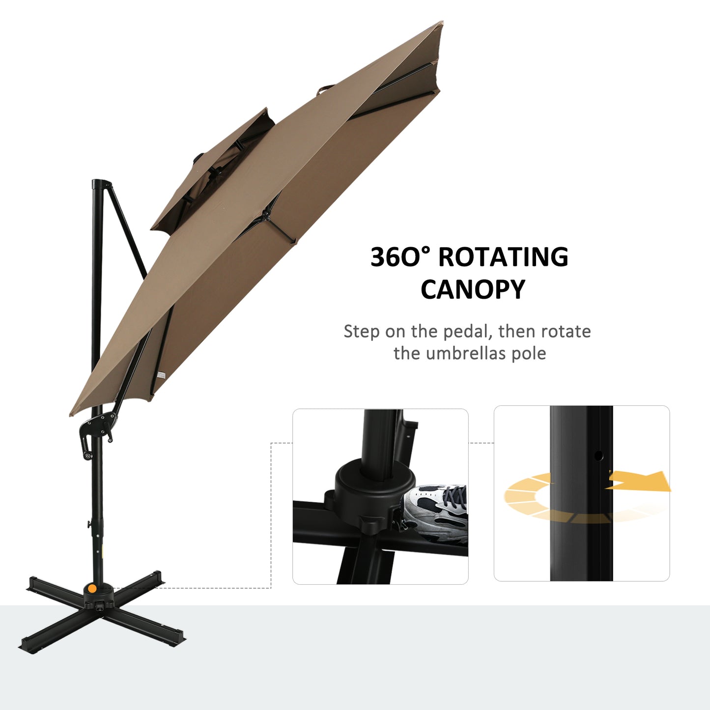 Tan  rotating cantilever patio umbrella with black metal frame and cross base