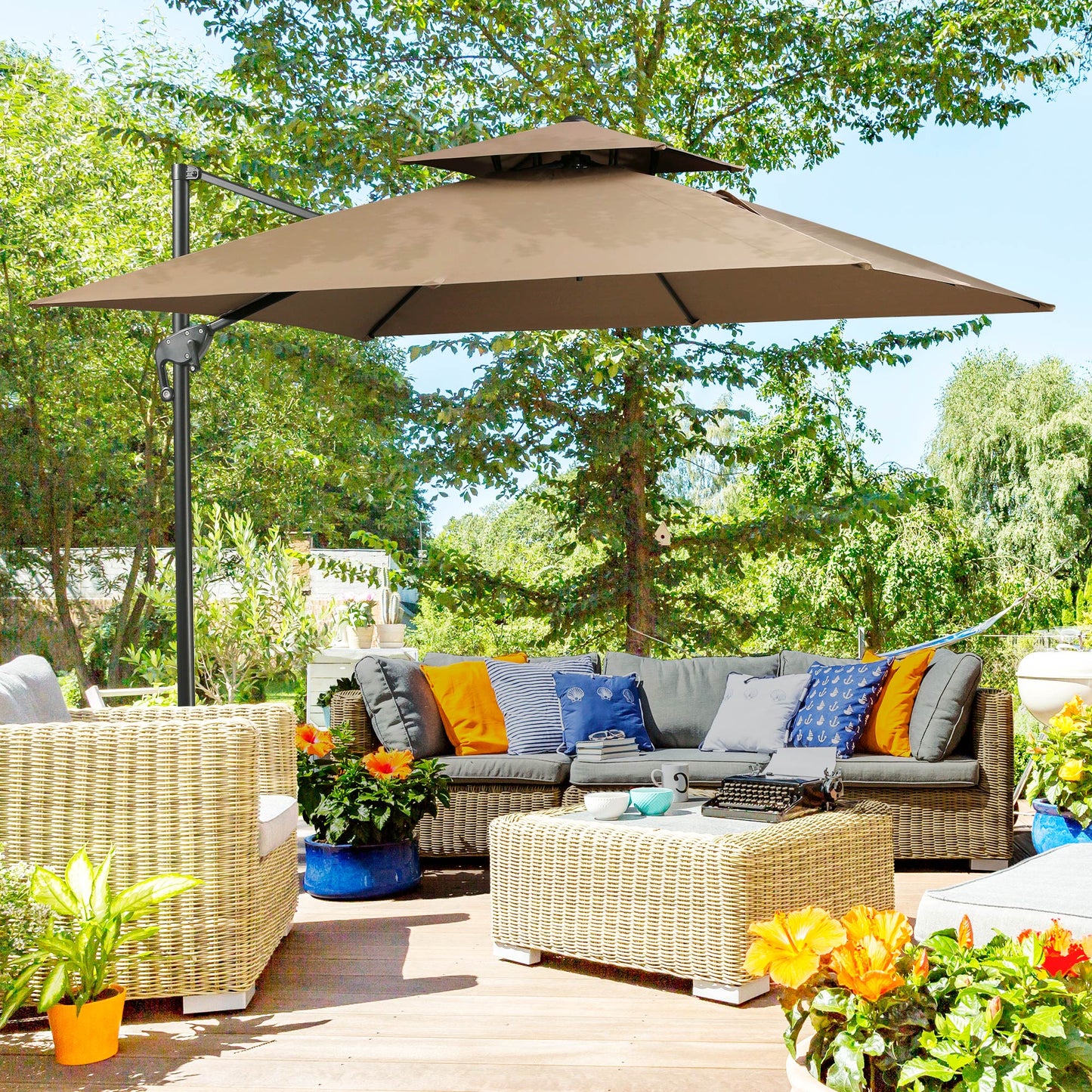 Tan patio cantilever umbrella providing shade over a sectional outdoor sofa