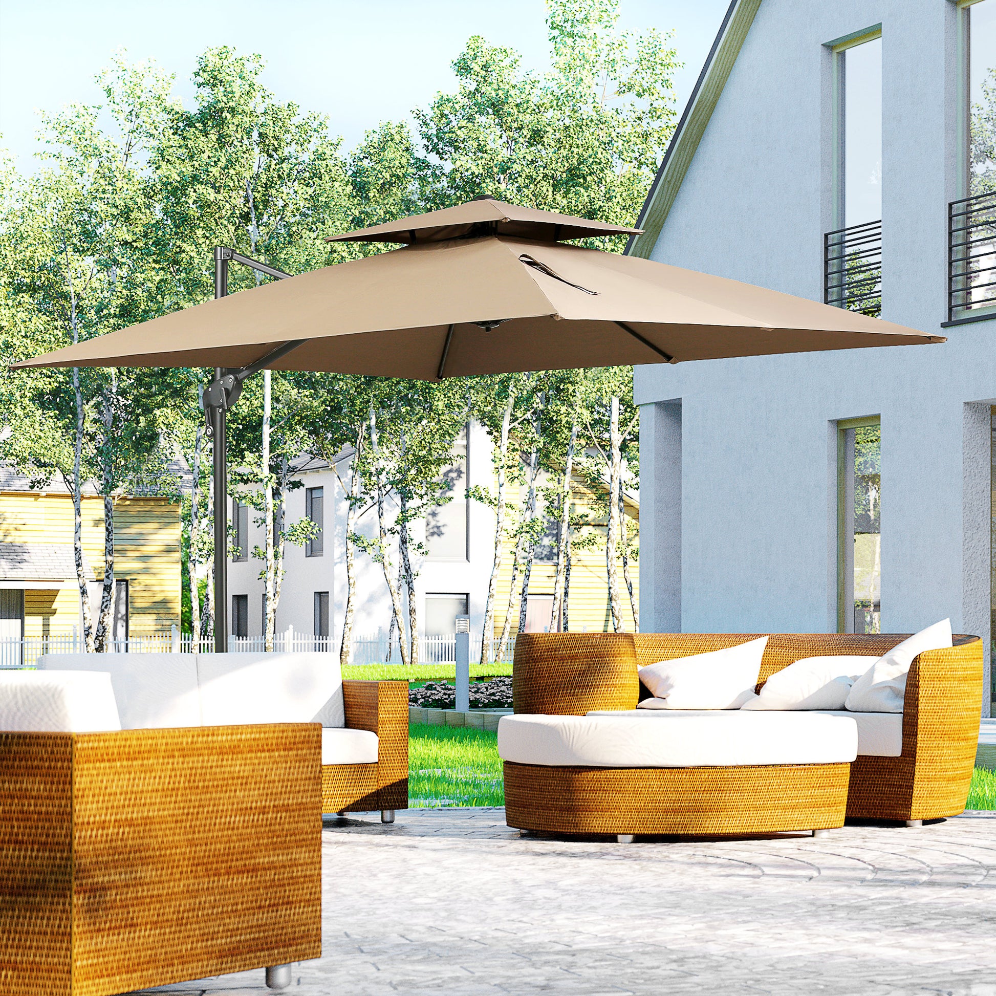 Large tan cantilever patio umbrella providing ample shade for outdoor seating areas