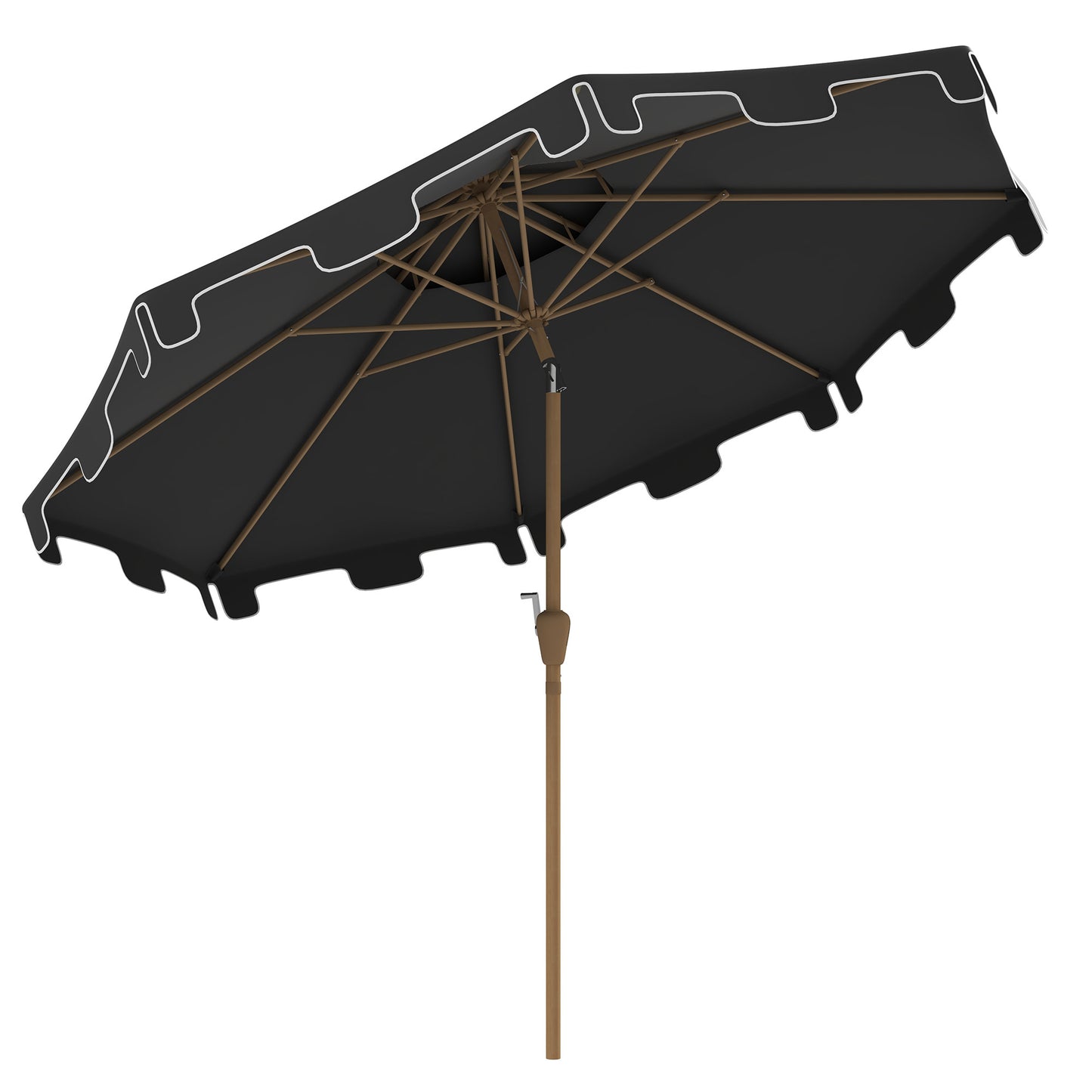 Black patio umbrella with white trim and wooden pole ideal for outdoor relaxation