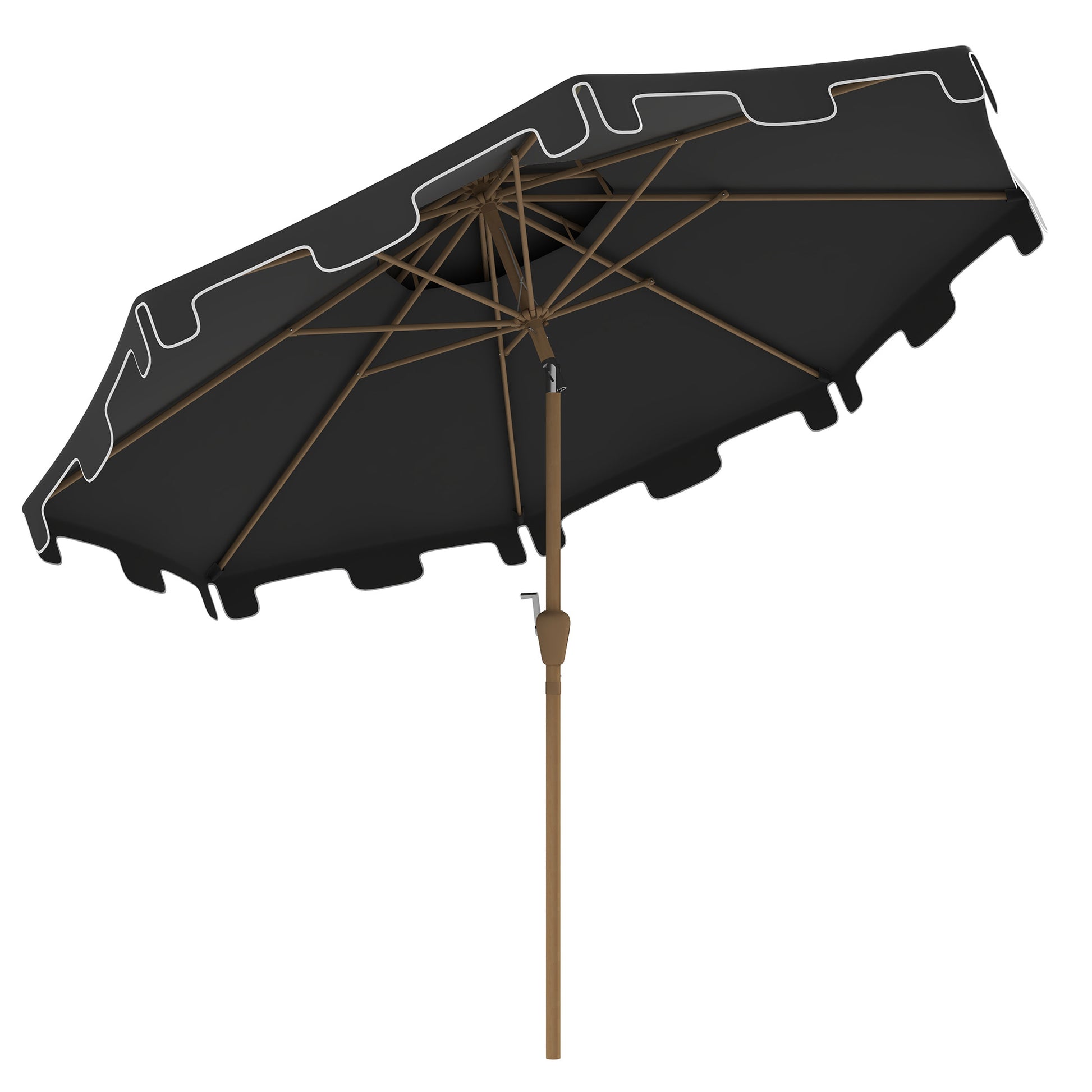 Black patio umbrella with white trim and wooden pole ideal for outdoor relaxation