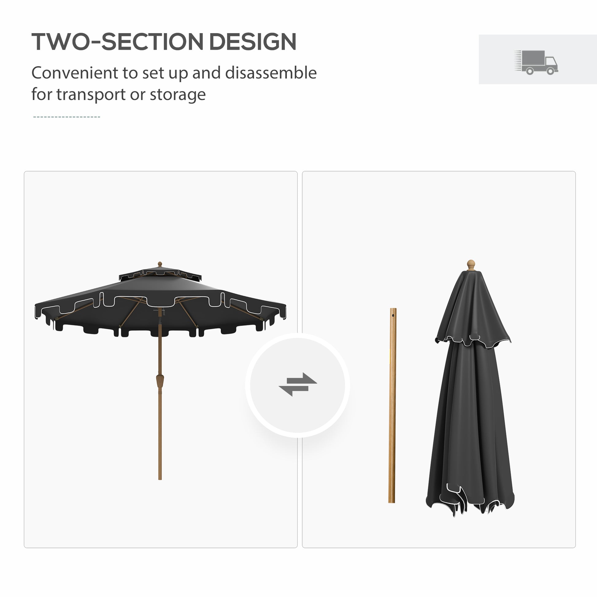 Open black patio umbrella with scalloped edges and wood pole