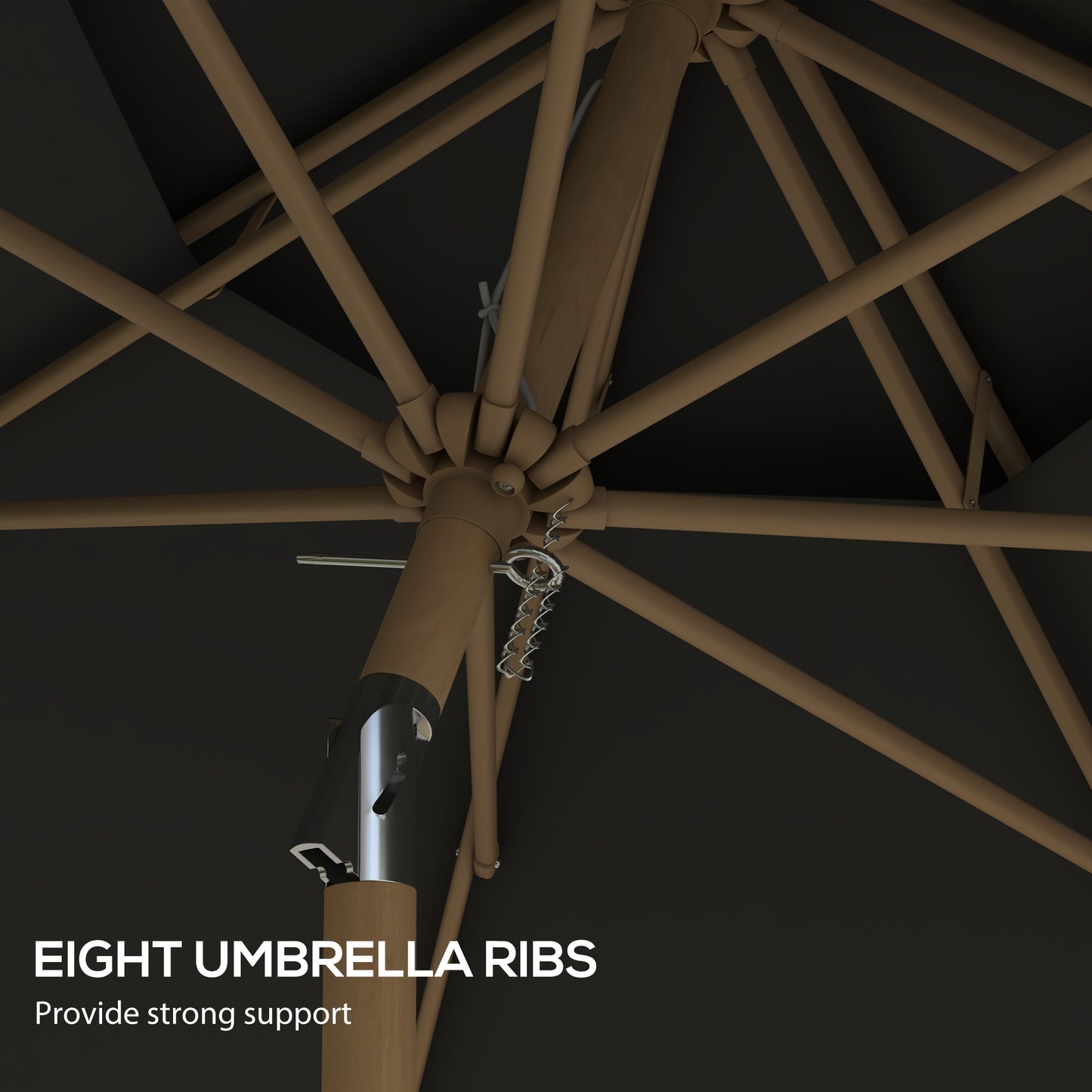 Closeup of the robust wooden frame of a black patio umbrella highlighting its eight supporting ribs