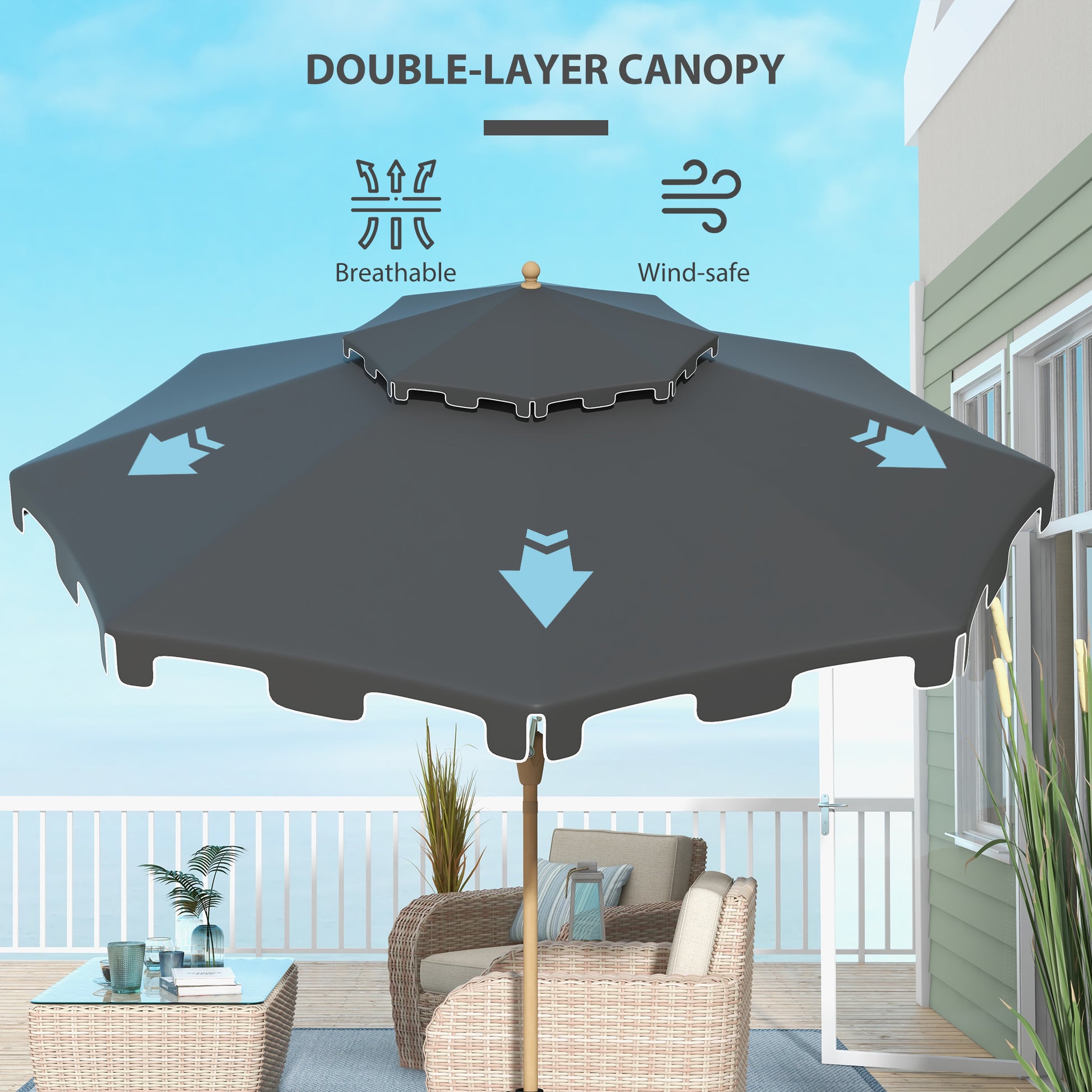 Dark gray doublelayer patio umbrella canopy with breathable windsafe design