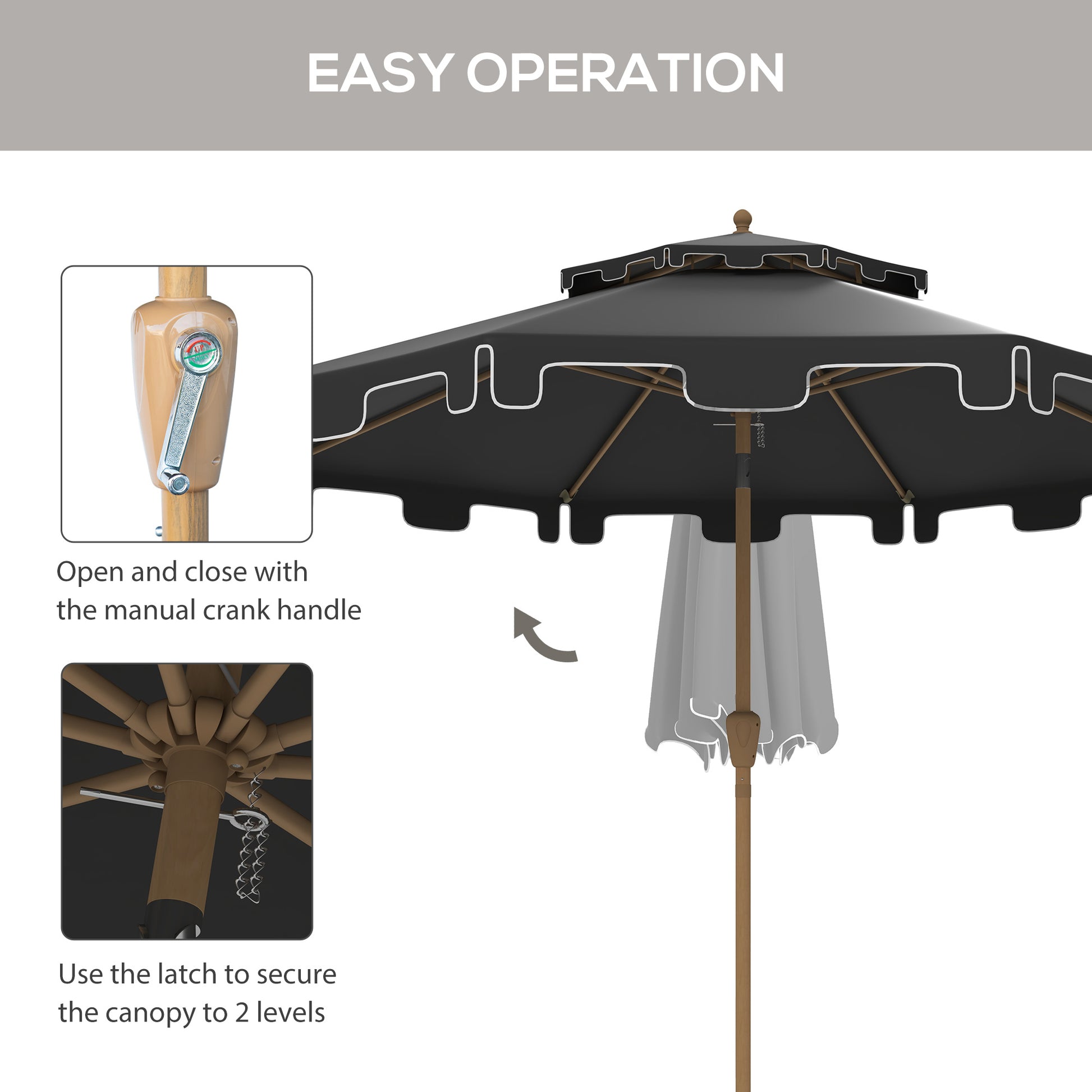 Black patio umbrella with scalloped edge detail and manual crank operation
