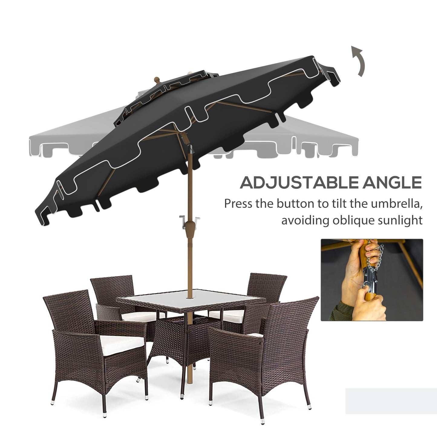 Black patio umbrella with adjustable tilt mechanism and scalloped edge