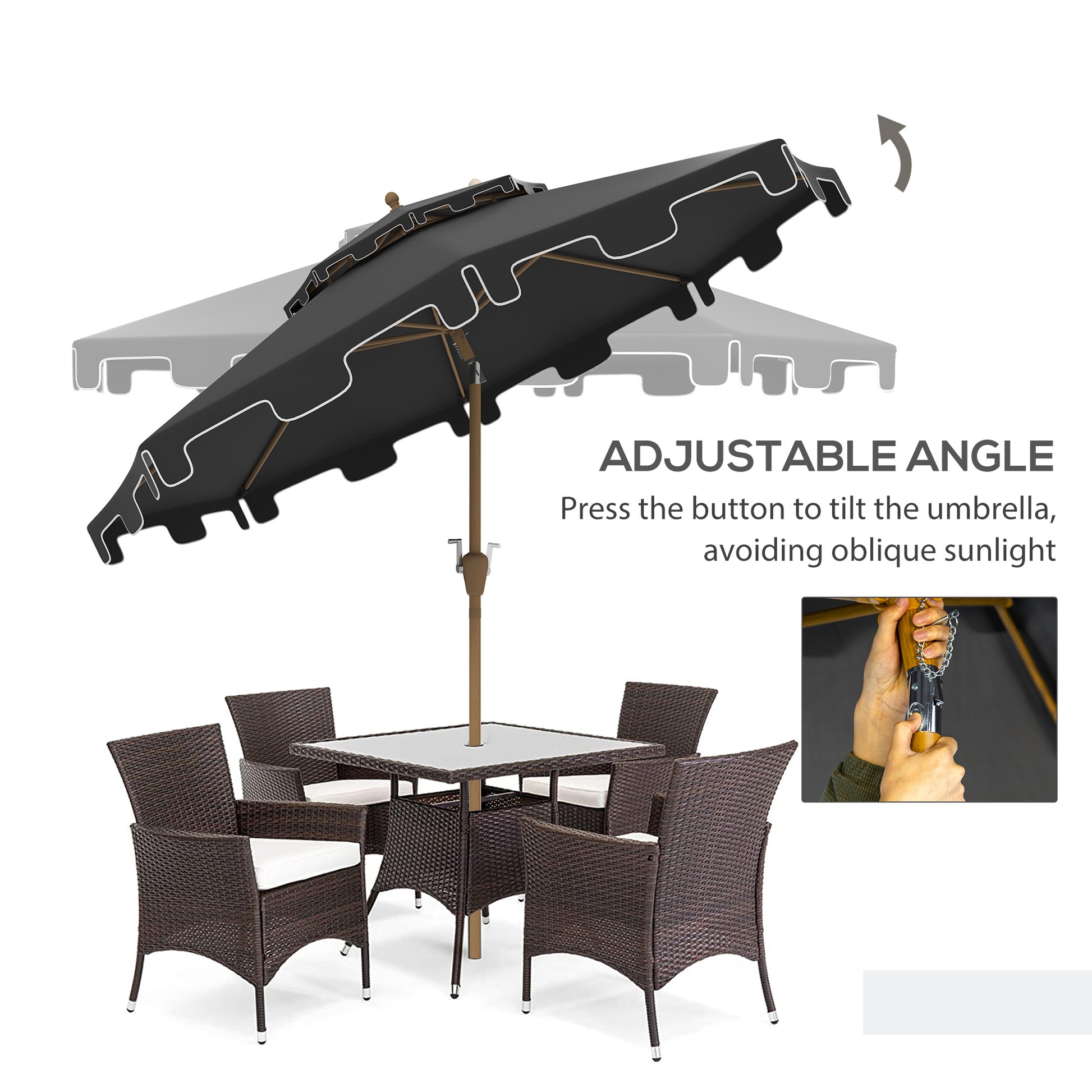 Black patio umbrella with adjustable tilt mechanism and scalloped edge